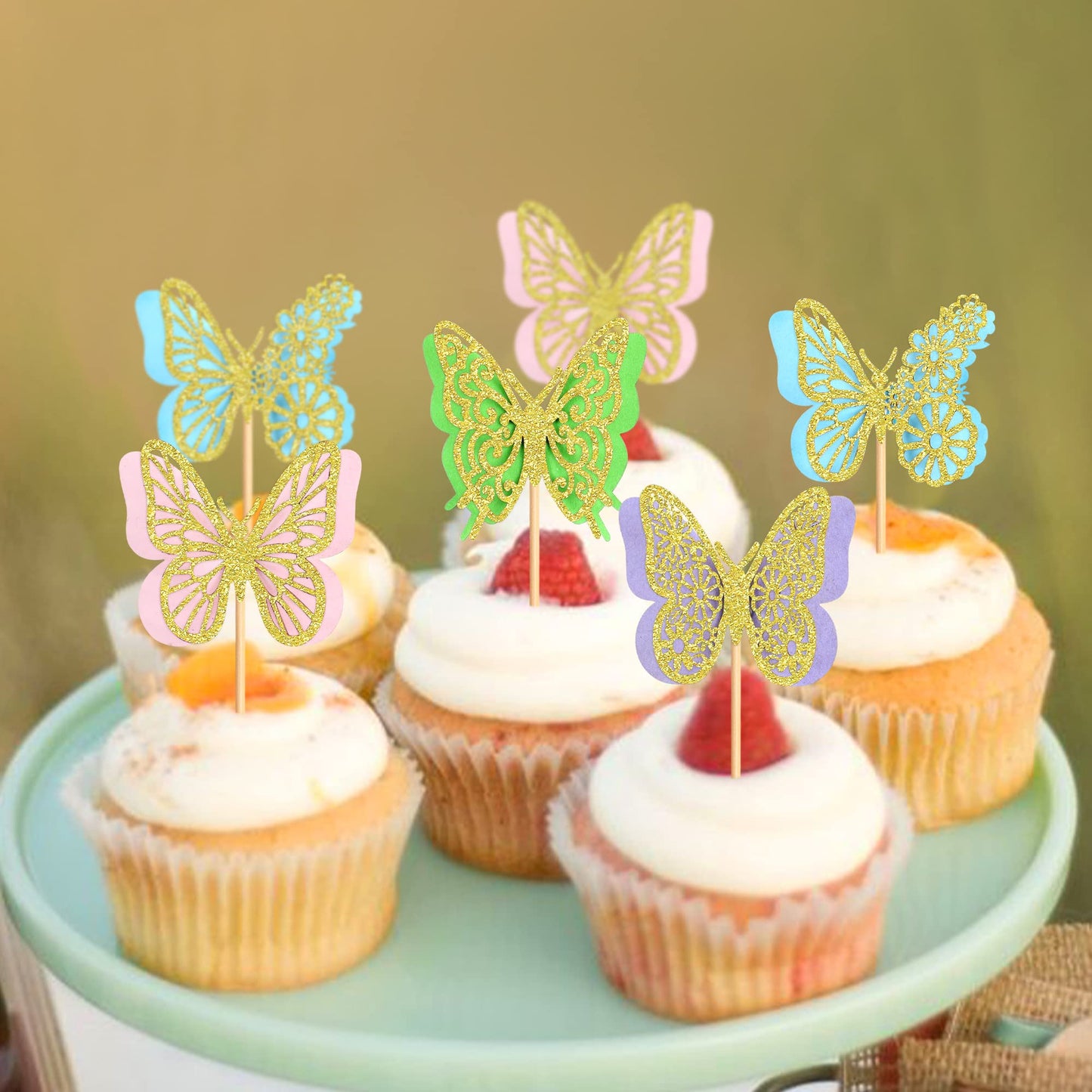 Ercadio 24 Pack Butterfly Cupcake Toppers - Glitter Double Layers Gold Butterfly Cupcake Picks 3D For Wedding Anniversary Kids B
