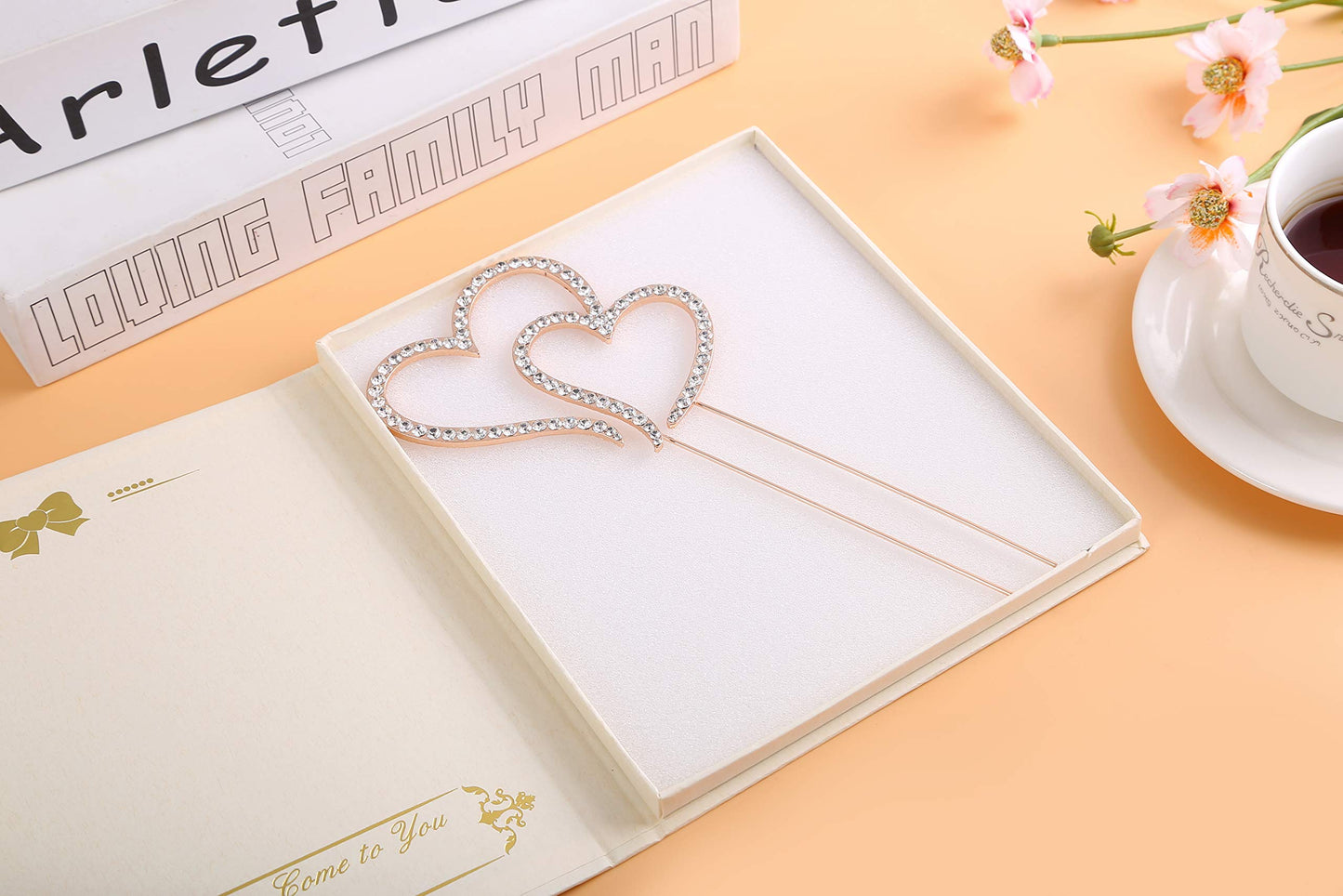 LOVENJOY Double Hearts Cake Topper, Rose Gold, Crystal Rhinestones, 3.5 Inches, Model GA-TH0100A-R