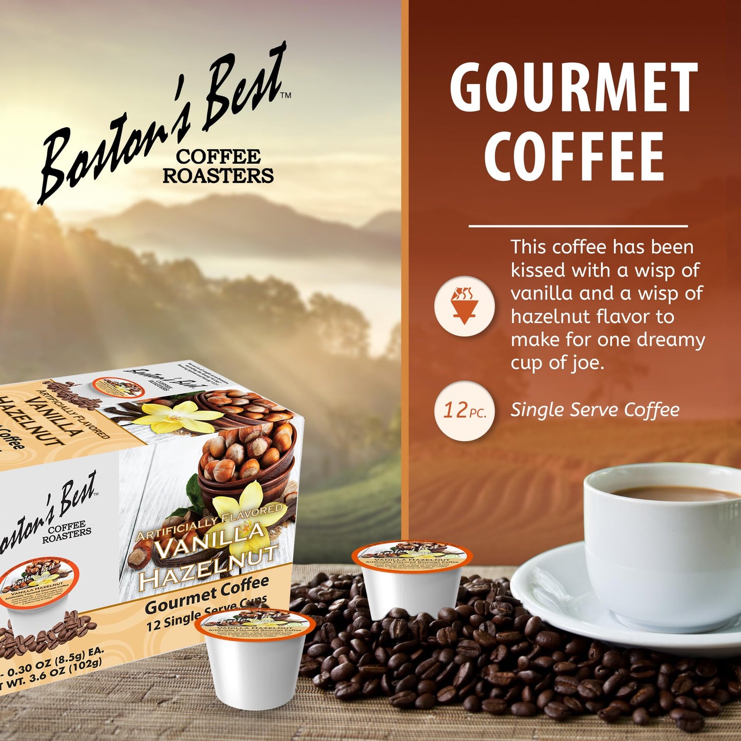 Bostons Best Vanilla Hazelnut Medium Roast Gourmet Coffee Compatible with Keurig, 12 Single Serve Cups, Model 017809009349