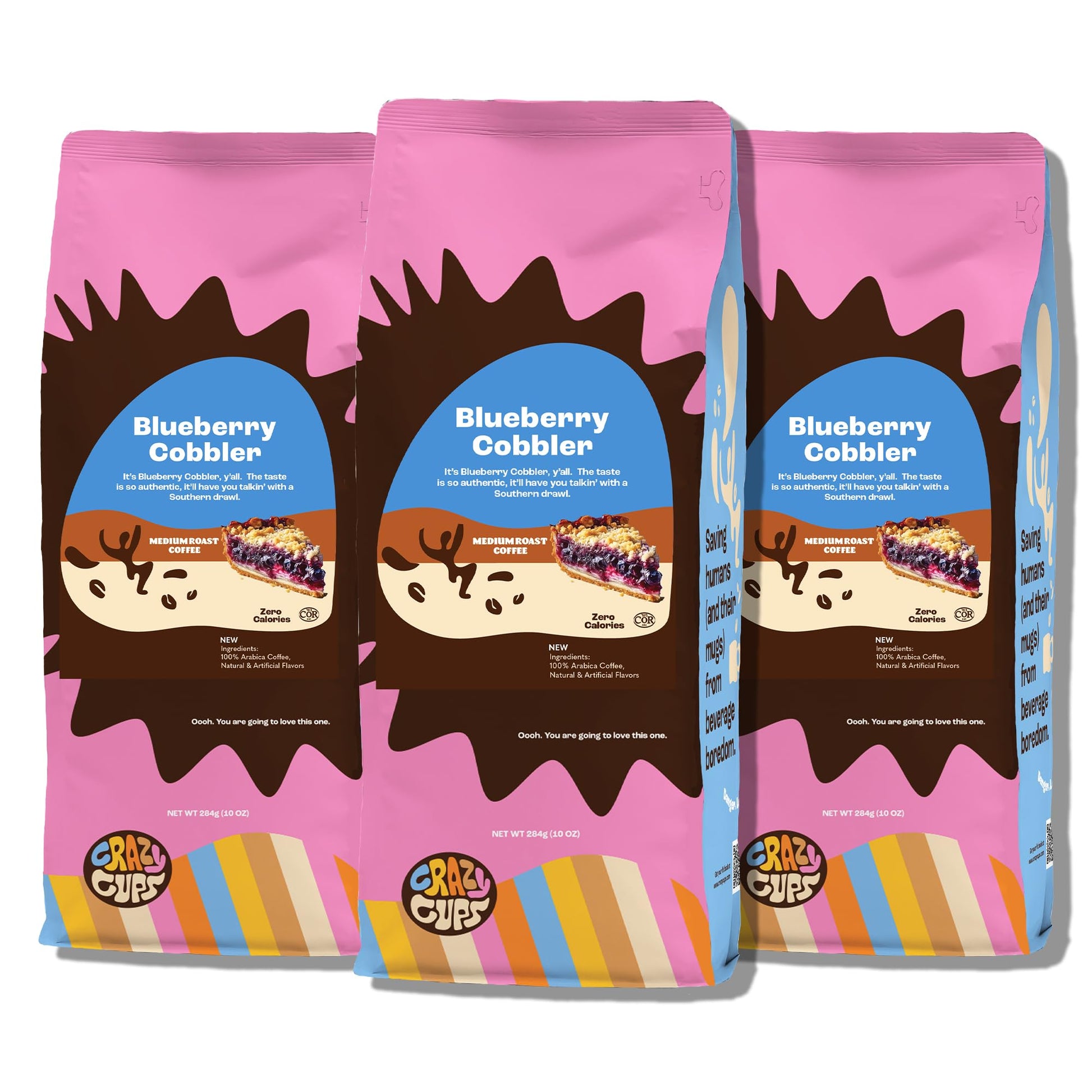 Crazy Cups Flavored Ground Blueberry Coffee, Blueberry Cobbler Coffee in 10 oz Bag, For Brewing Flavored Hot or Iced Coffee, 3 P