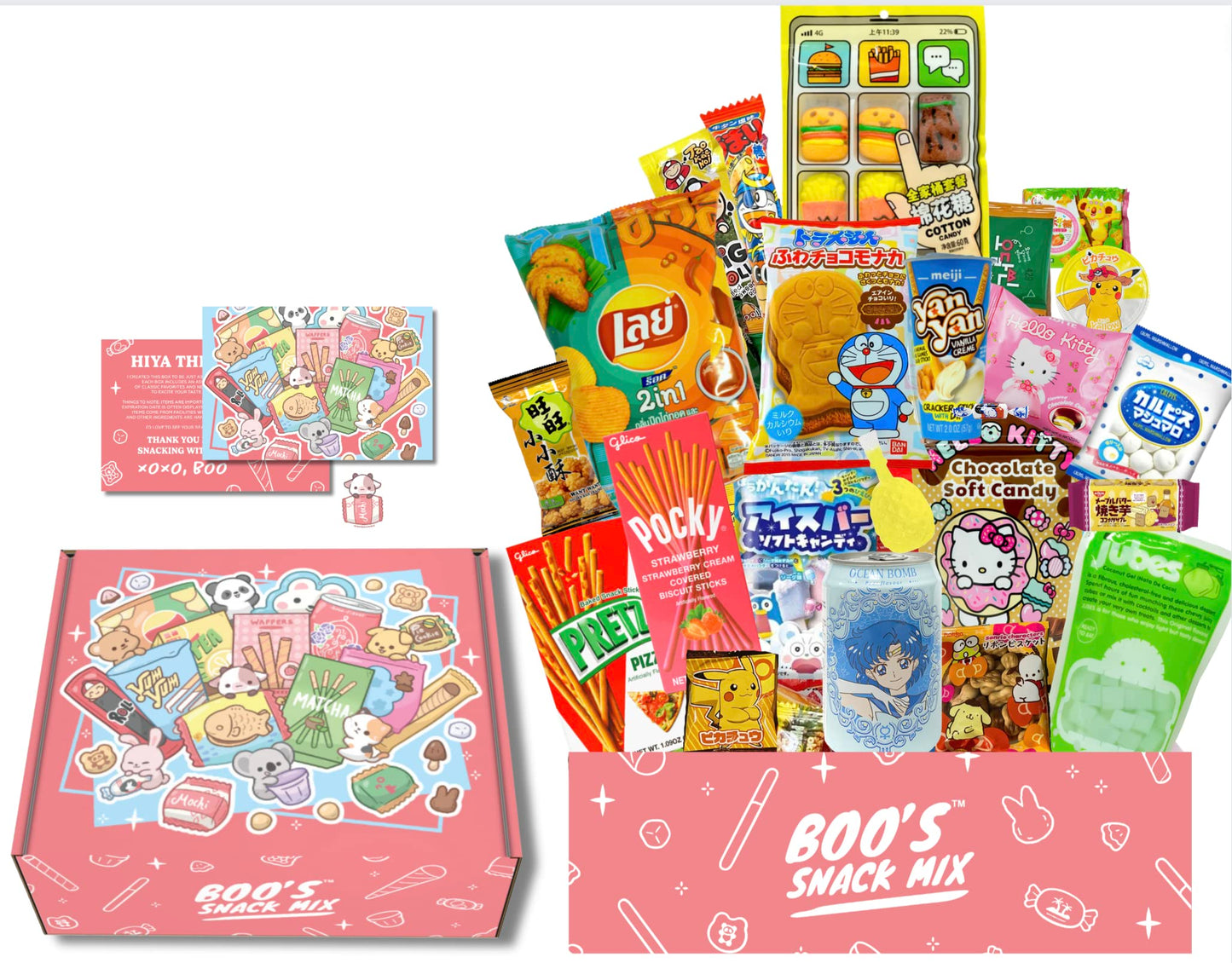 Boos Mystery Snack Box 40 Pieces, 14 Full-Size Snacks. Including Mochi , Mini Ice Cream Cone, Asian Noodles, Soda, Variety Of Sa