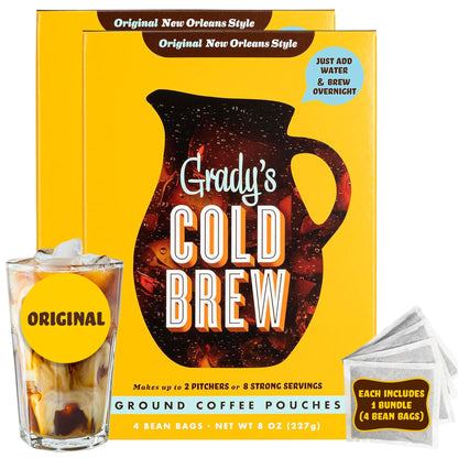 GRADYS COLD BREW, New Orleans Style, 100% Arabica Ground Coffee & Chicory Pouches, TWO Boxes of Four Easy-to-Brew Bean Bags, Mak