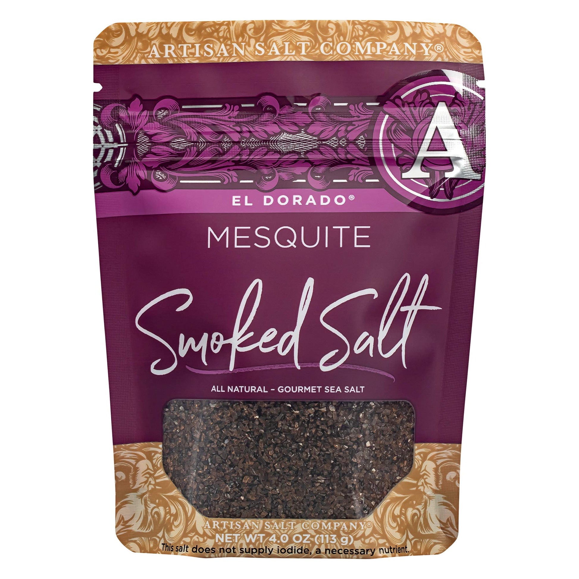 SaltWorks Artisan El Dorado Mesquite Smoked Sea Salt, 4 Ounce Zip-Top Pouch, Light to Medium Brown Crystals