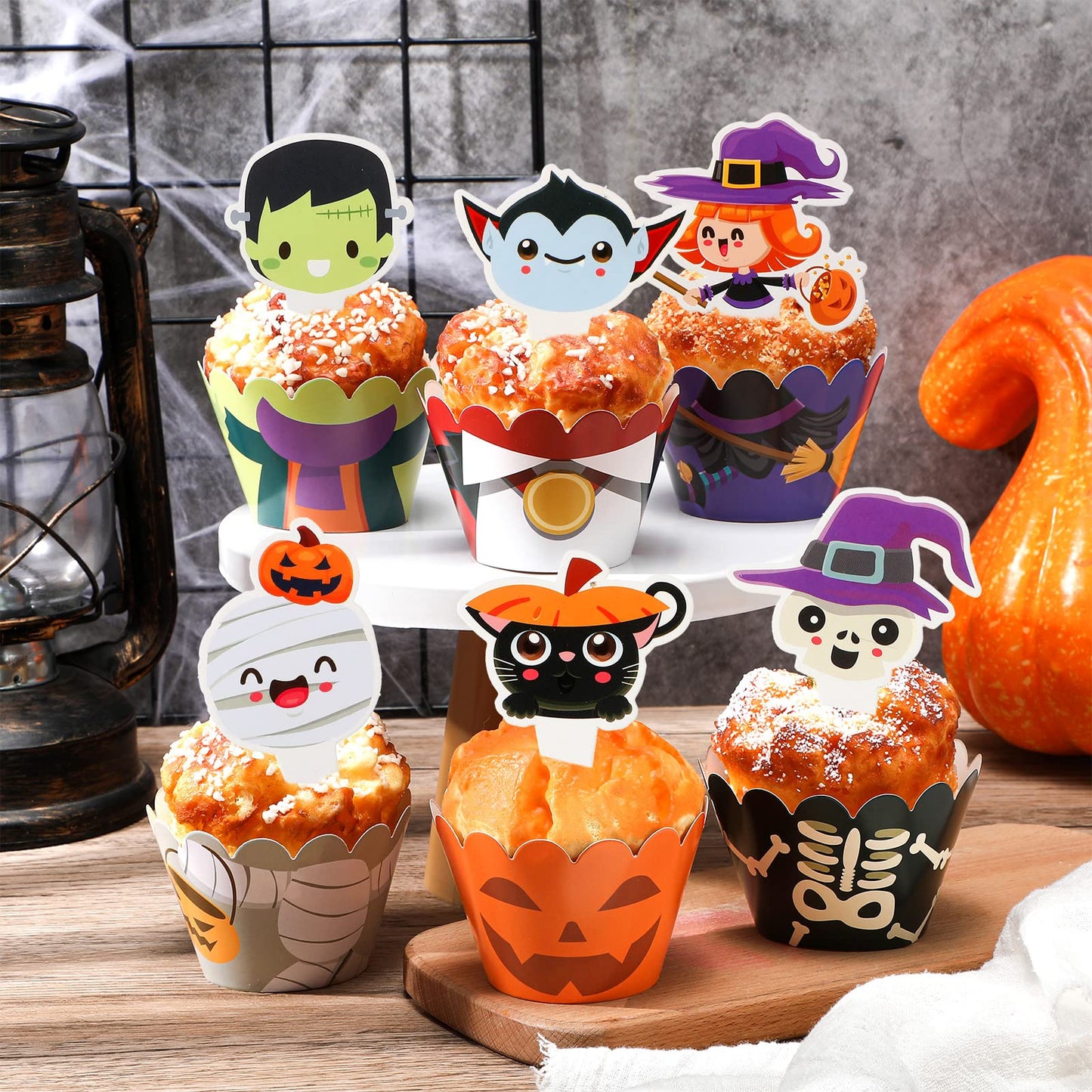 Fumete 72 Pcs Halloween Cupcake Toppers Party Cake Toppers Wrappers Pumpkin Vampire Witch Cupcake Toppers Halloween Cupcake Line