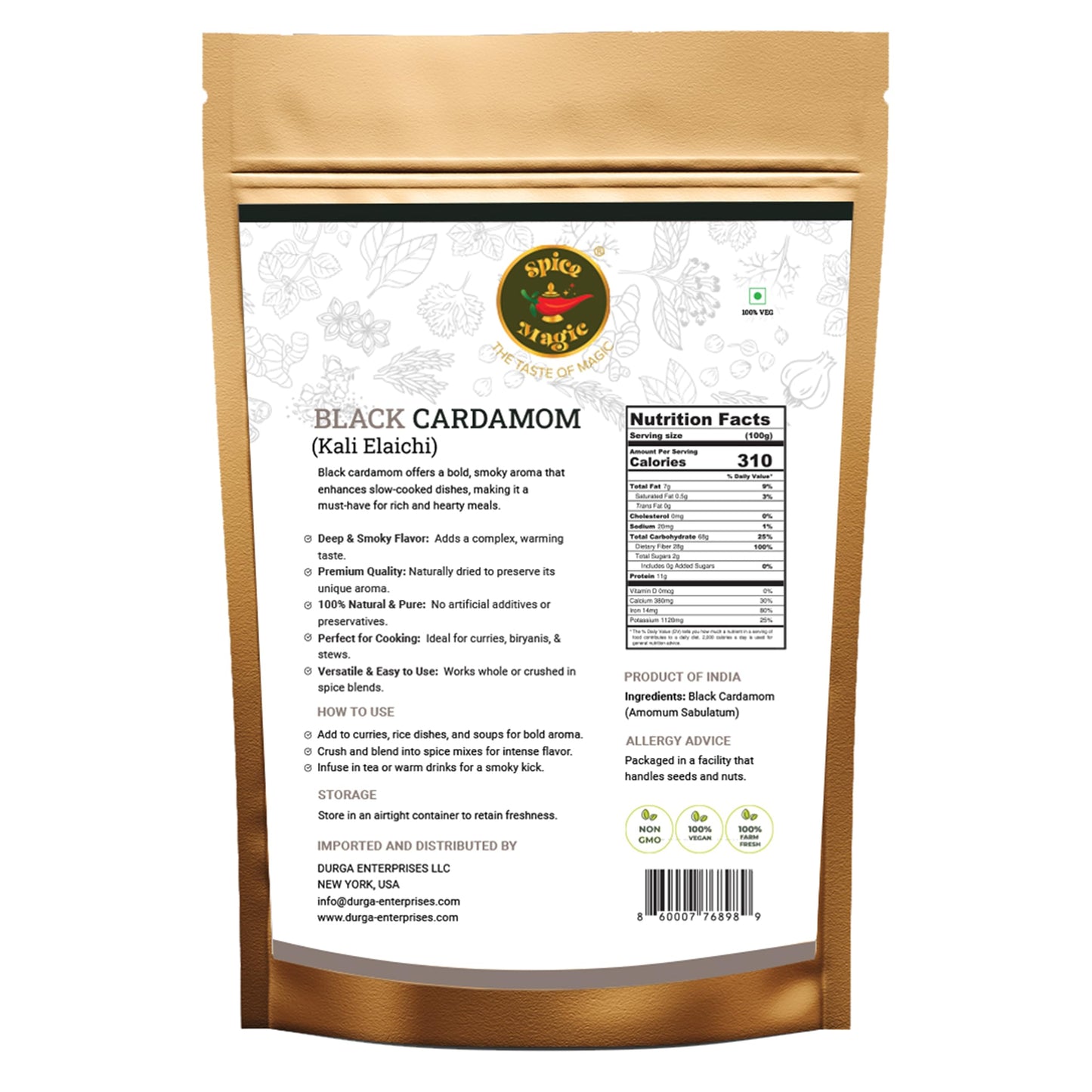Spice Magic Herbs & Spices ~ 100% Pure, Aromatic & Natural I Gluten-Free I Non-Gmo I Indian Origin (3.5Oz (100G), Black Cardamom