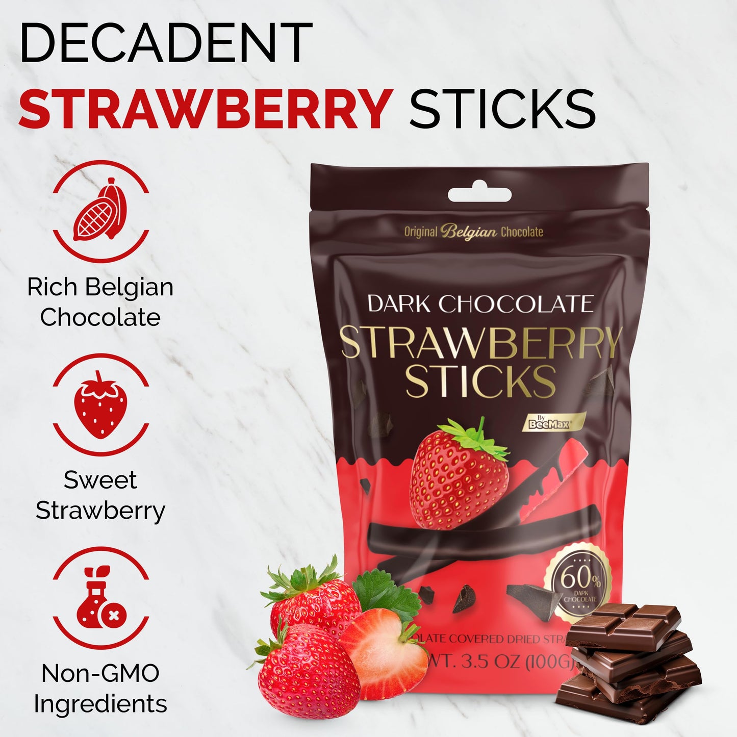 BEEMAX Belgian Chocolate Covered Fruit Sticks - Gourmet Dried Fruit Treat, 3.5 oz Pouch, Dark Chocolate, Non-GMO