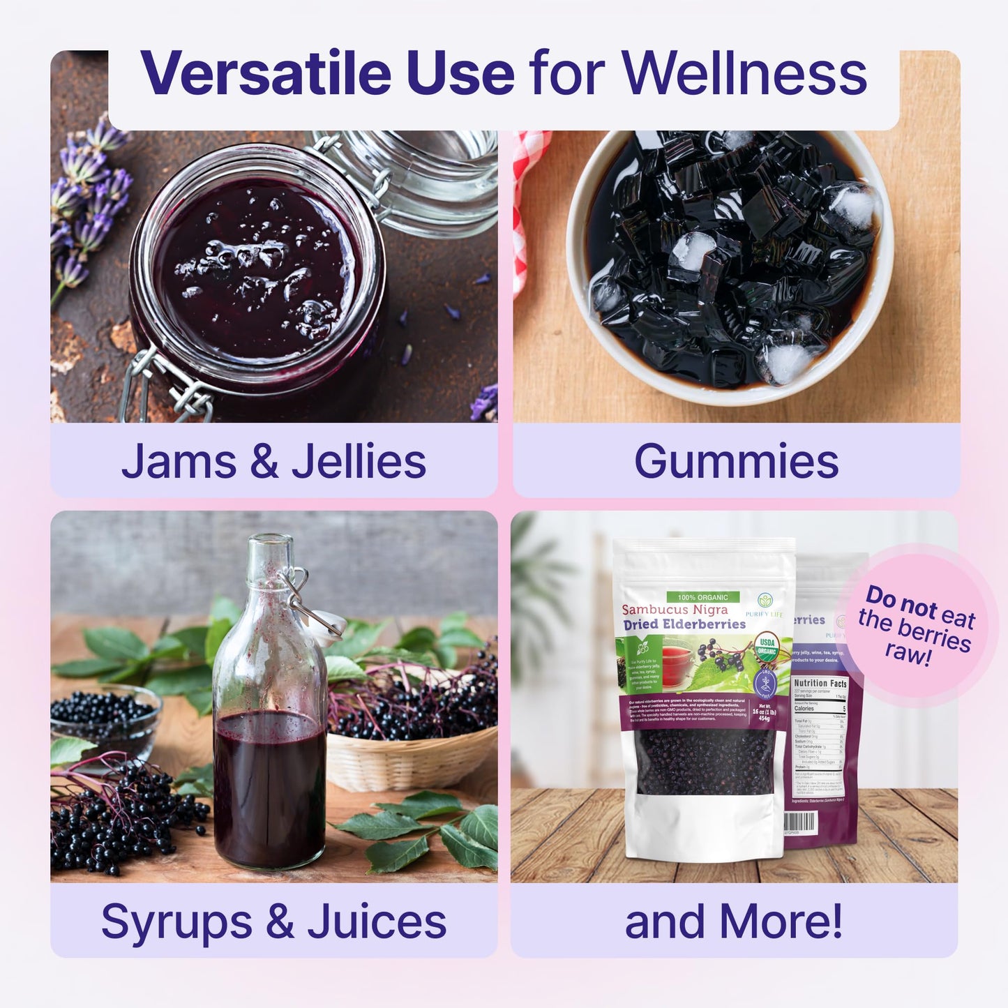 Certified USDA - 100% Organic Dried Elderberries - 1lb Bulk - Non-Irradiated  Non-Gmo  Whole Black Elderberry Immune Support For Making Elder Syrup  Gummies  Tea - Raw Vegan Sambucus 1 Pound