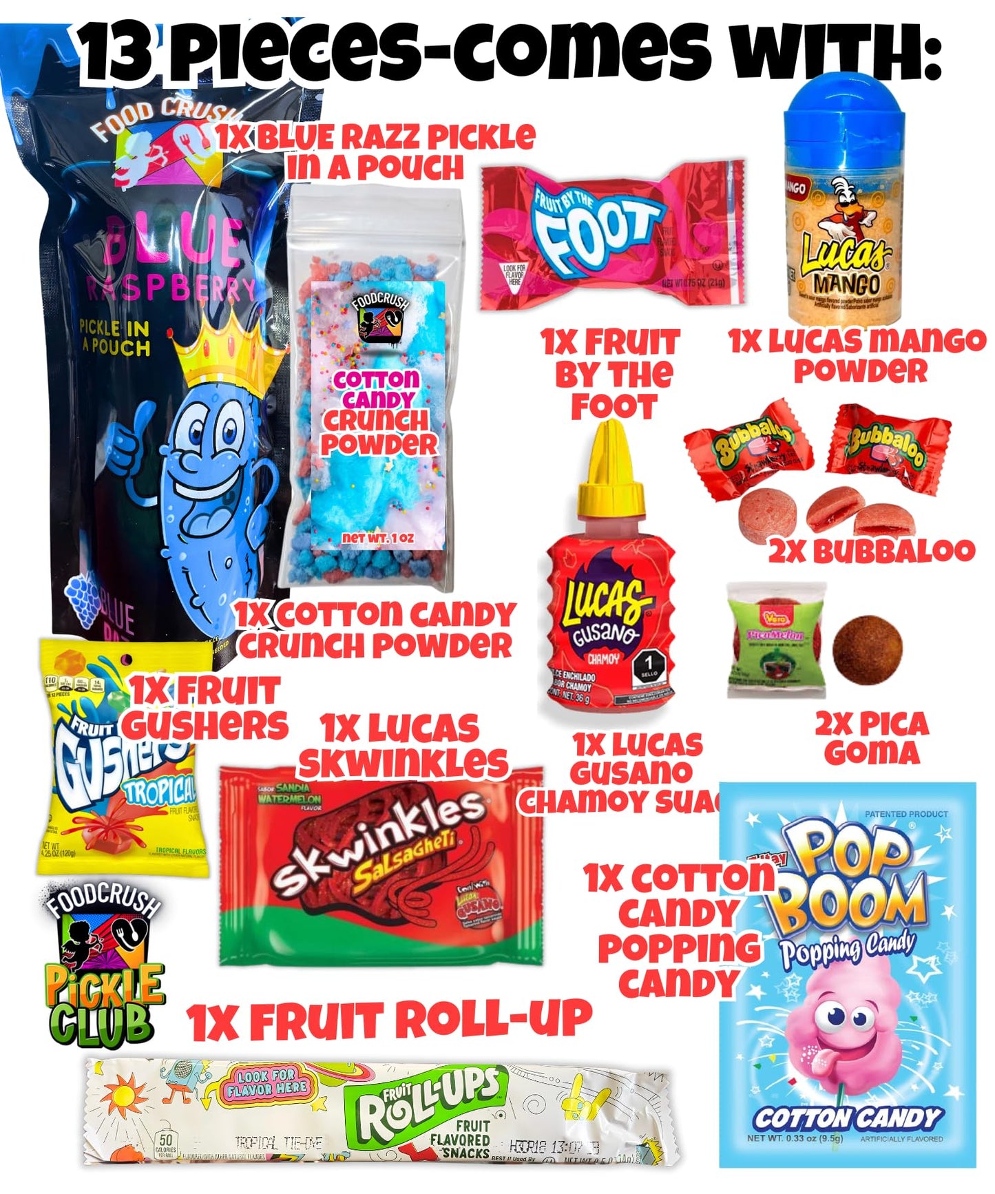 Blue Raspberry Pickle Kit-W/Cotton Candy Crunch-Candy Gift Pouch-(13 Pcs) Birthday Gifts For Kids-Tiktok Trend Items By Food Crush (Blue Raz Pickle Kit)
