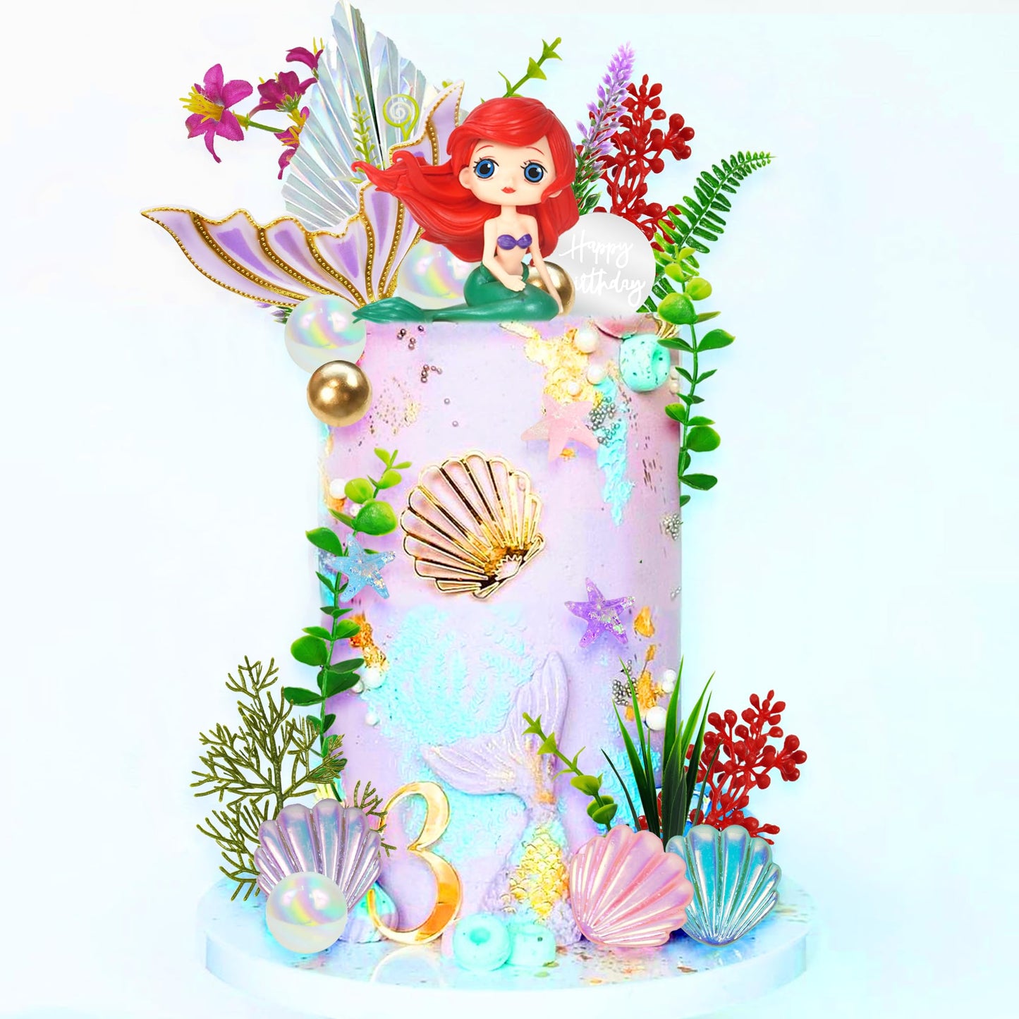 Mermaid Cake Toppers Under The Sea Mermaid Tail Cake Decorations Artificial Water Plants With Pearl Ball For Girl Kid Birthday P