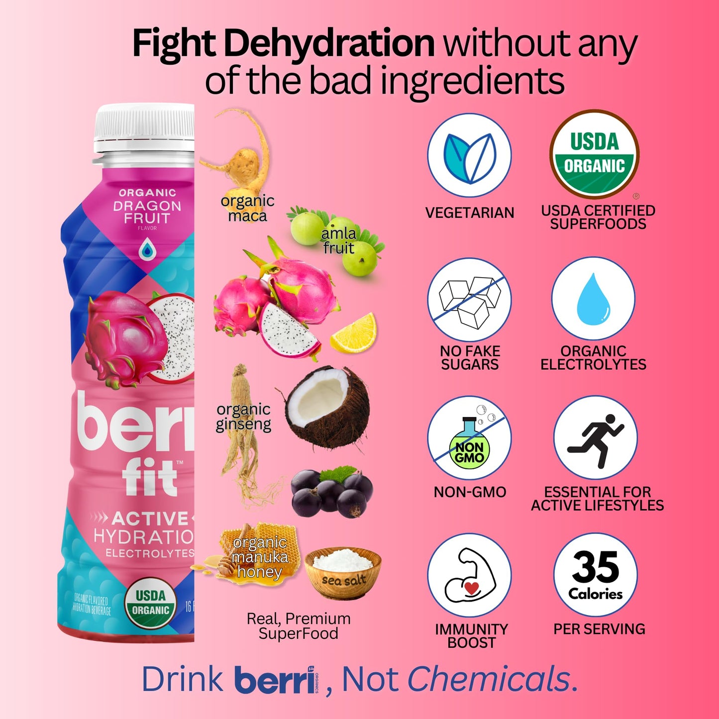 Berri Fit Organic Dragon Fruit Sports Drink - Plant-Based Electrolyte Beverage, Low Calorie, 4 Pack, 16oz