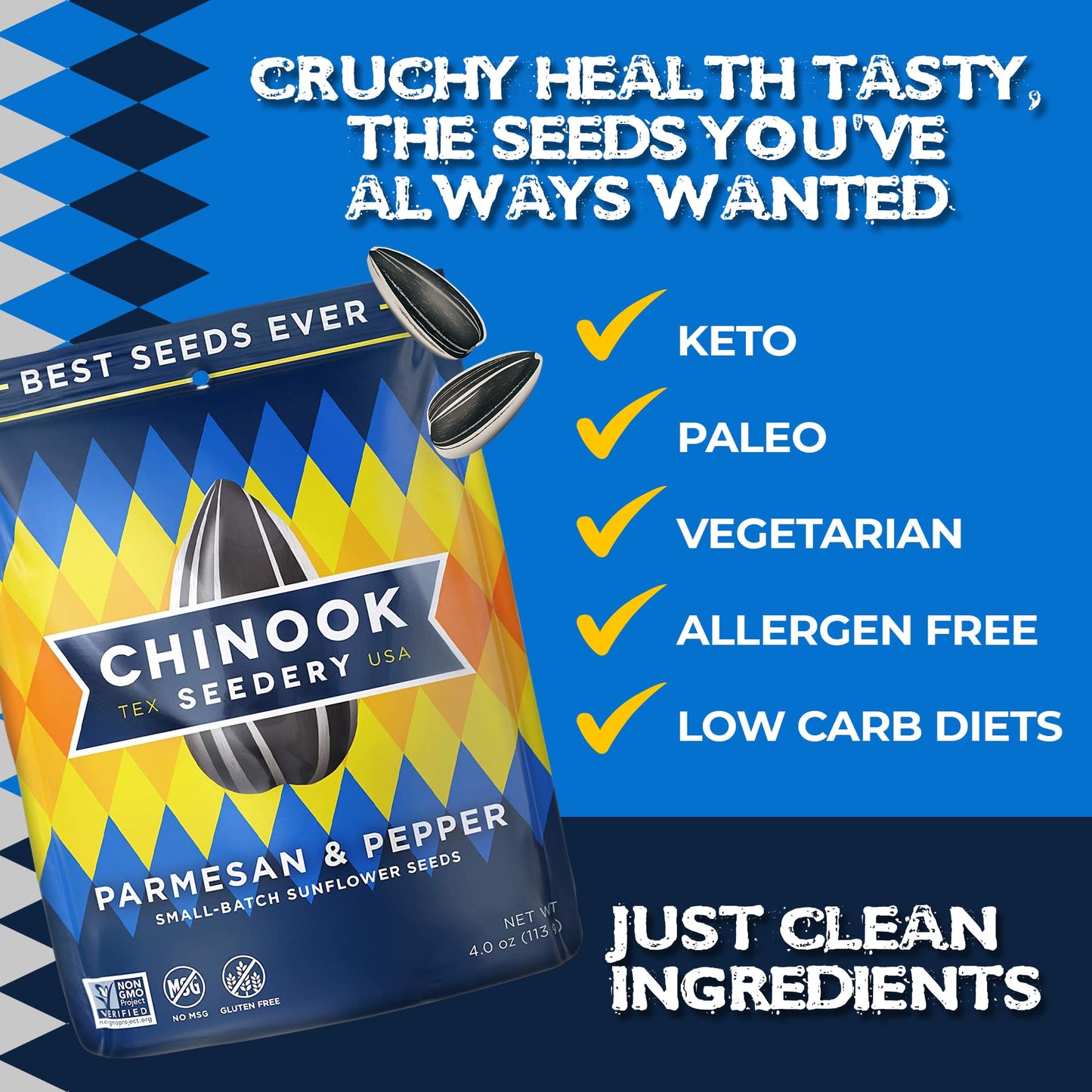 Chinook Seedery Roasted Jumbo Sunflower Seeds - Keto Snacks - Best For Snack Packs - Gluten Free, Non Gmo Snack Food Gifts - 4 Ounce (Pack Of 12) - Parmesan & Pepper Flavor