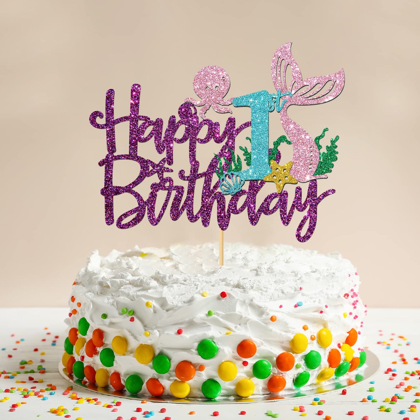 Roadsea Mermaid Happy 1St Brithday Cake Topper - Under The Sea Theme Girl Kid First Birthday Cake Supplies/Ocean World One Merma