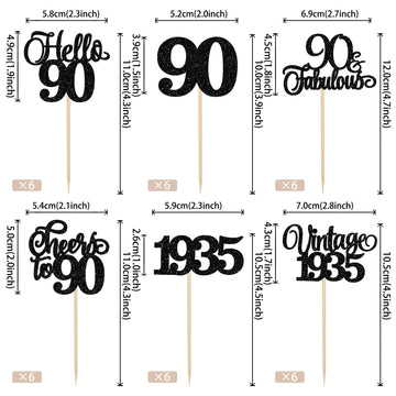Rsstarxi 24 Pack Vintage 1935 Cupcake Toppers Glitter Eighty Hello 90 Cheers To 90 Fabulous Cupcake Picks Decorations For 90Th Birthday Wedding Anniversary Party Cake Decorations Black