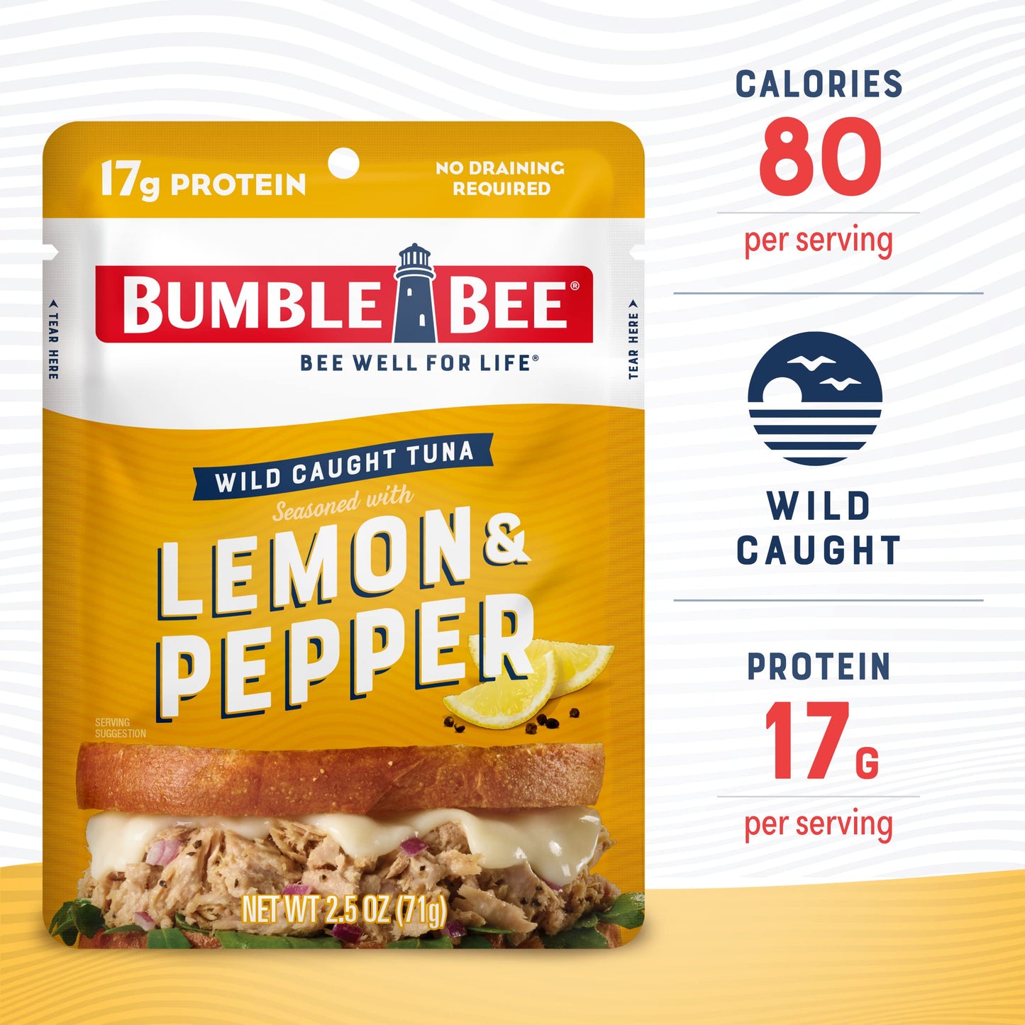 Bumble Bee Lemon & Pepper Seasoned Tuna, 2.5 oz Pouches (Pack of 12) - Ready to Eat - Wild Caught Tuna Packet - 17g Protein per