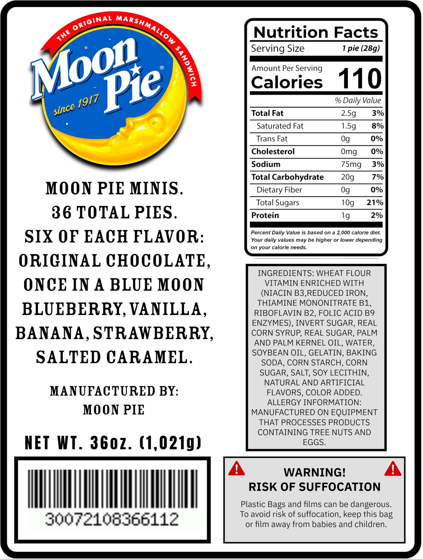 Moon Pie Mini Snack Pies - 36 Pack, 6 Flavors: Original, Blueberry, Vanilla, Banana, Strawberry, Salted Caramel, 1oz Each