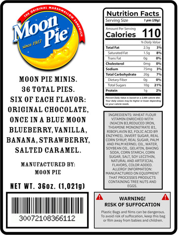 Moon Pie Mini Snack Pies - 36 Pack, 6 Flavors: Original, Blueberry, Vanilla, Banana, Strawberry, Salted Caramel, 1oz Each