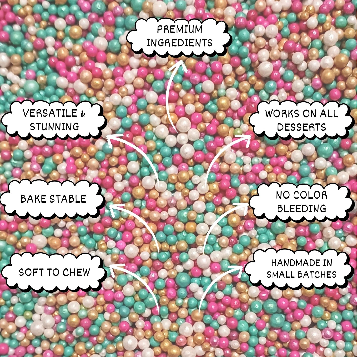 Confect Disco Balls Sprinkles Mix - Edible Pearl Balls, Vegan, Gluten-Free, Nut-Free, Turquoise, Pink, Gold & White, 4.2 oz