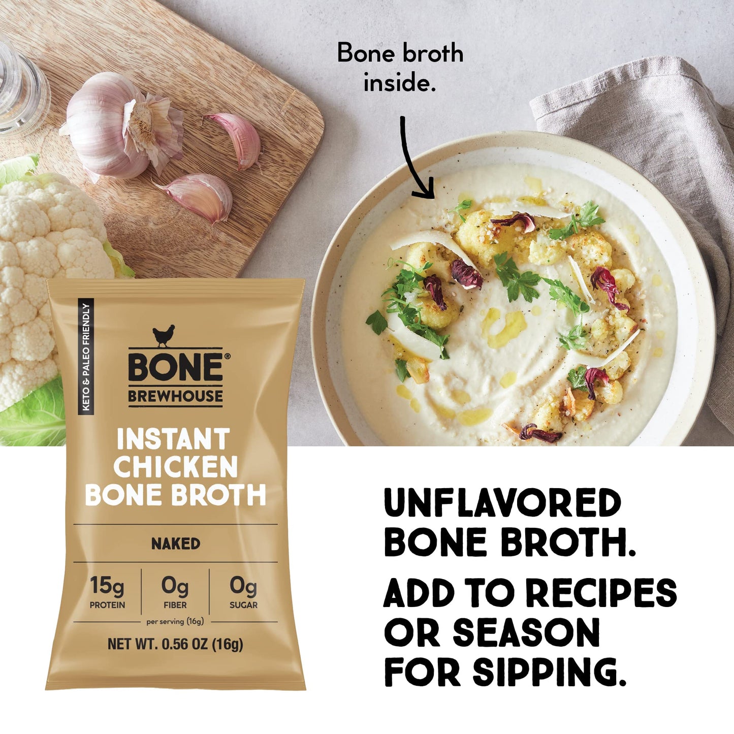 Bone Brewhouse - Unflavored Chicken Bone Broth Protein Powder - Keto & Paleo Friendly - Instant Soup Broth - 15G Protein - Natur