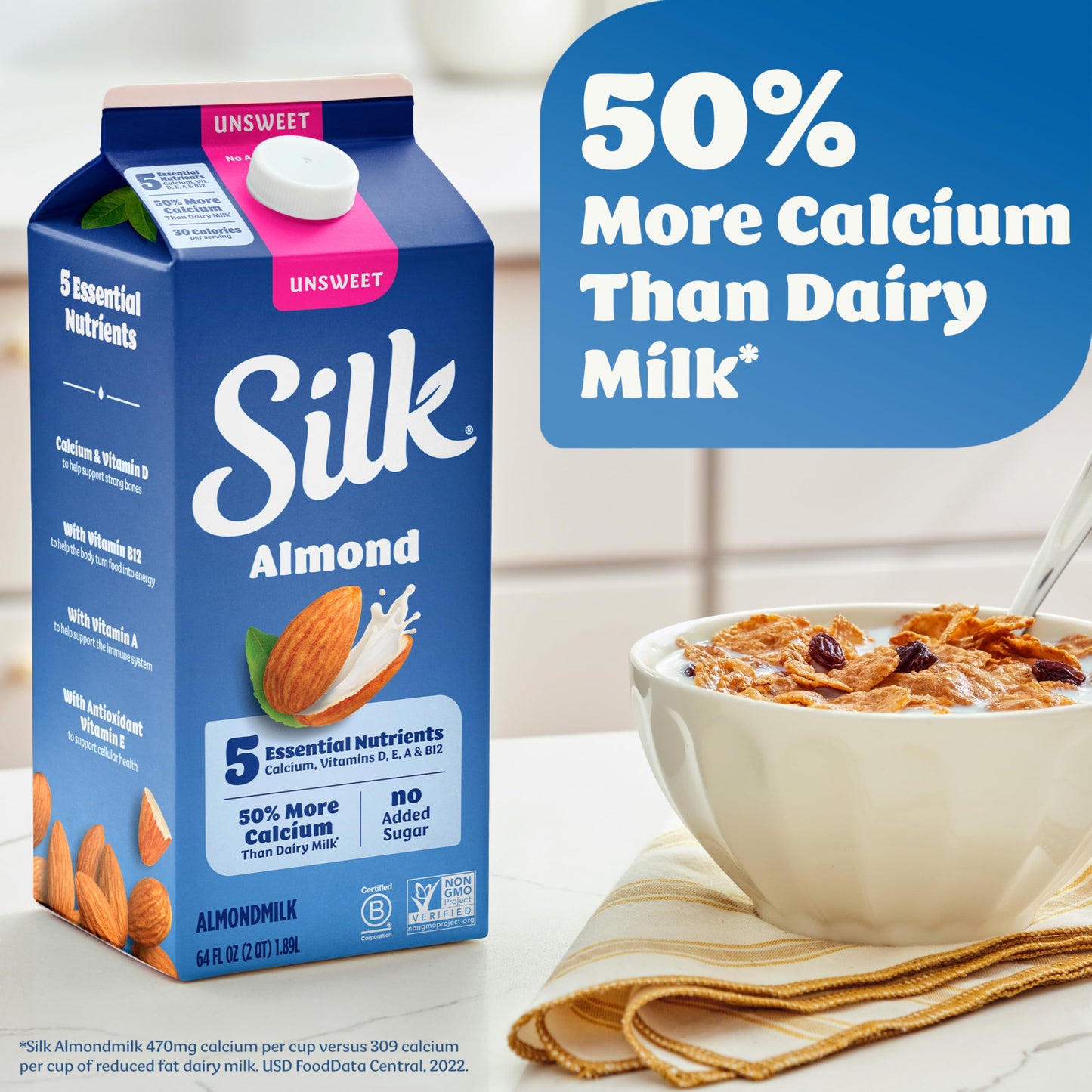 Silk Almond Milk, Unsweet Vanilla, Dairy Free, Gluten Free, Seriously Creamy Vegan Milk with 50% More Calcium than Dairy Milk, 6
