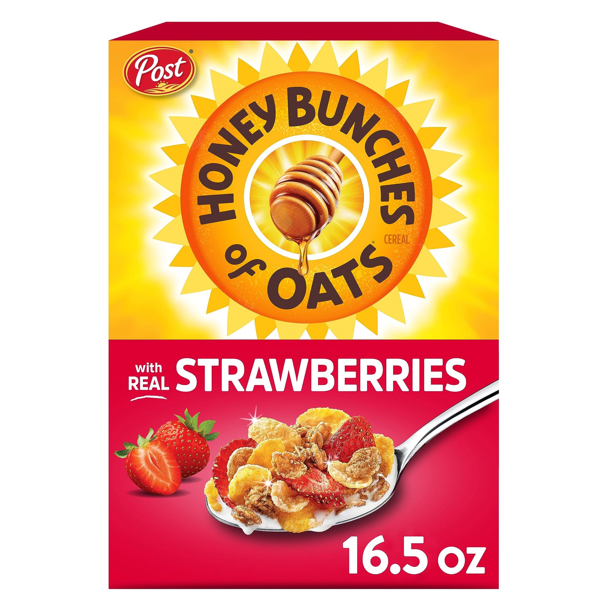 Post Honey Bunches of Oats with Strawberries Breakfast Cereal, Strawberry Cereal with Oats and Granola Clusters, 16.5 OZ Box