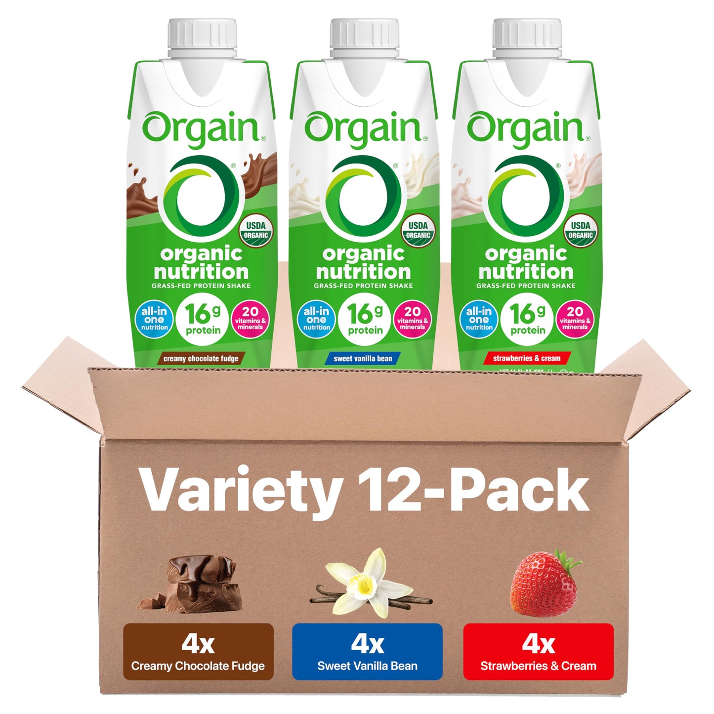 Orgain Organic Nutritional Protein Shake  16g Grass Fed Whey Protein  Meal Replacement  20 Vitamins & Minerals  Fruits & Vegetables  Variety Pack  Chocolate  Vanilla  Strawberry  11 Fl Oz (12 Pack)