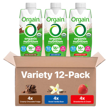 Orgain Organic Nutritional Protein Shake  16g Grass Fed Whey Protein  Meal Replacement  20 Vitamins & Minerals  Fruits & Vegetables  Variety Pack  Chocolate  Vanilla  Strawberry  11 Fl Oz (12 Pack)