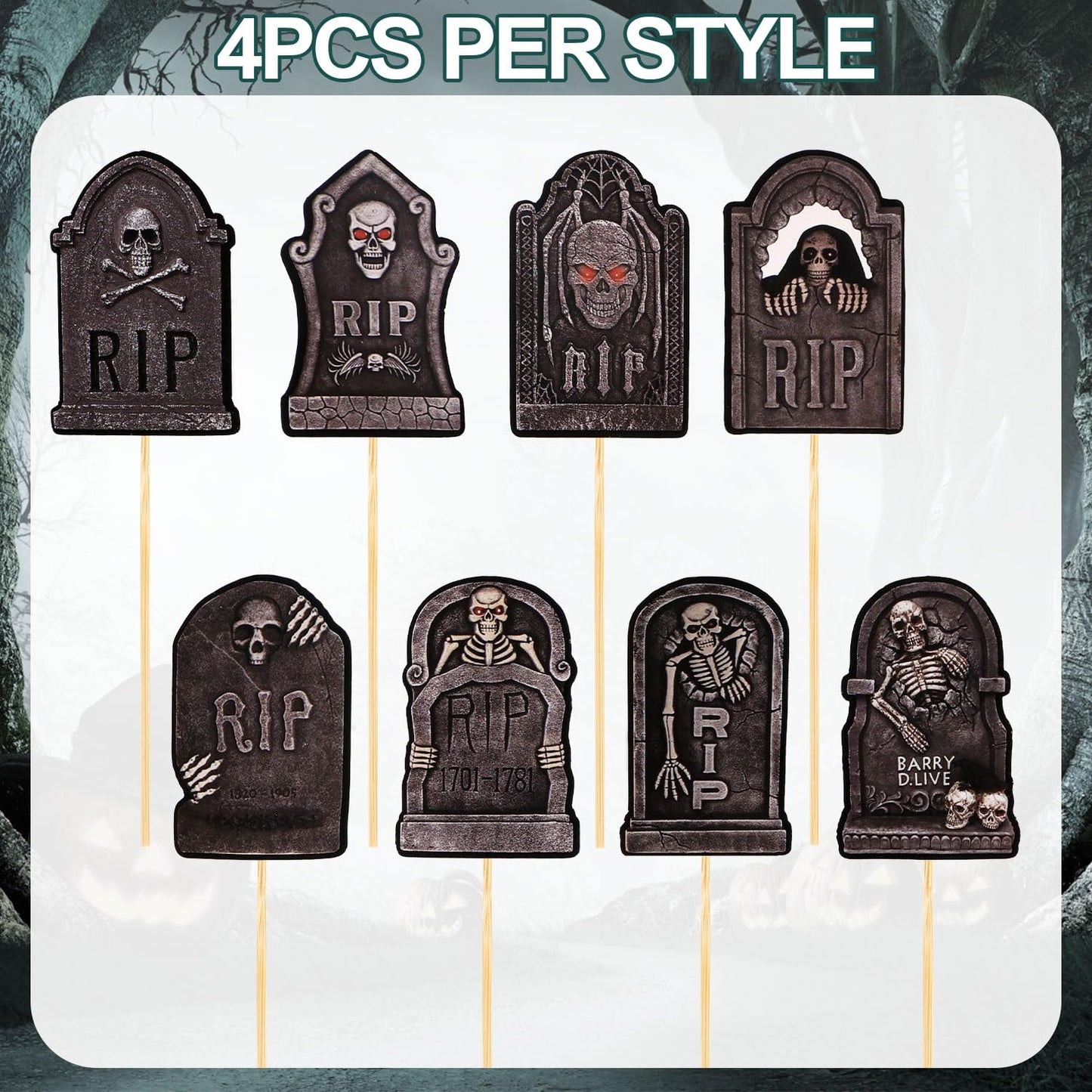 PEUTIER 32pcs Halloween Cupcake Toppers with Spoons - Tombstone Design, Black, Paper/Bamboo/Plastic, Model 01175