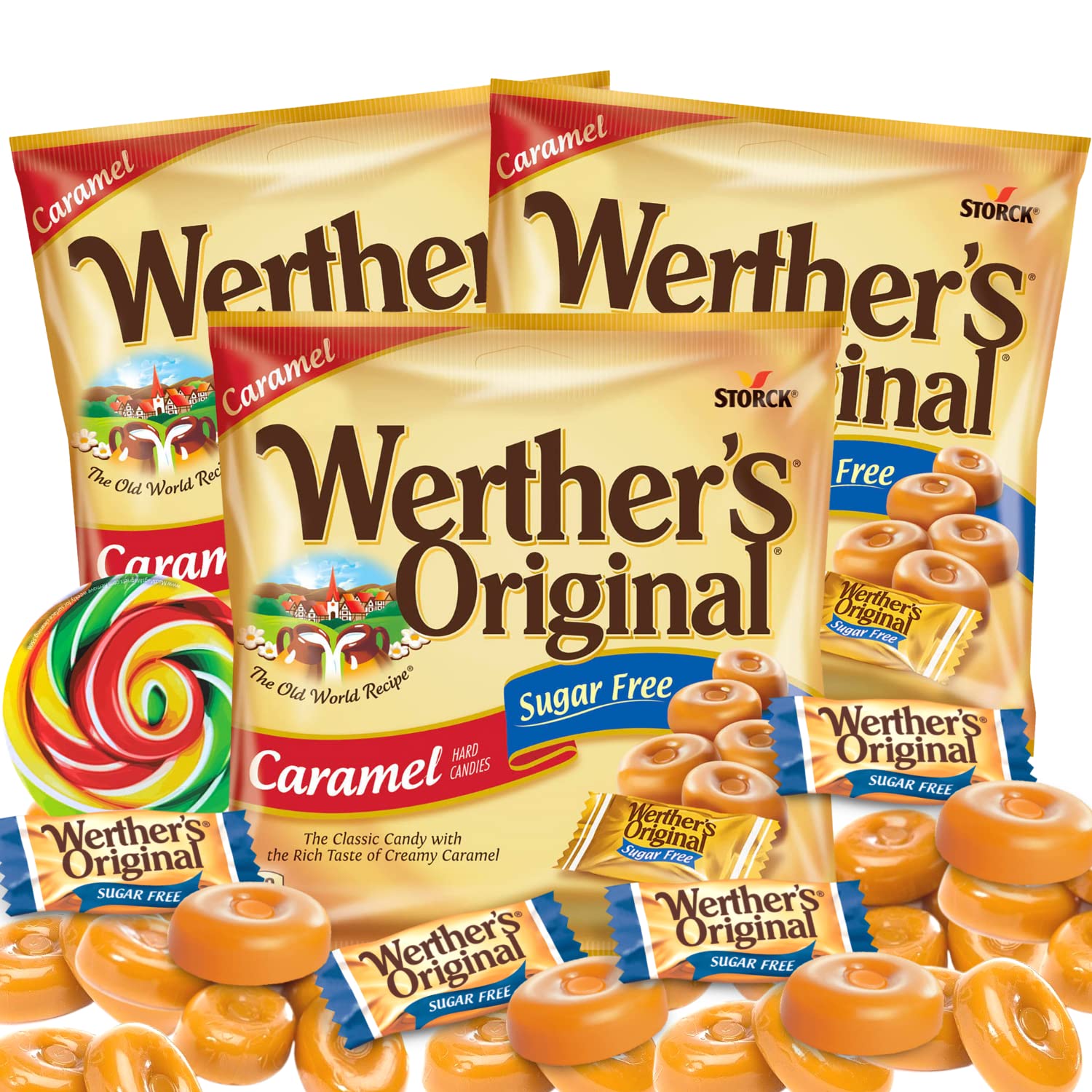 Werther'S Original Caramel Sugar Free Hard Candies, Individually Wrapped Snacks For Adults, Gift Basket Stuffers, Pack Of 3, 1.4