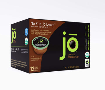 Jo Coffee No Fun Jo Decaf Medium/Dark Roast - 12 Organic Compostable Pods for Keurig, Fair Trade, Swiss Water Process