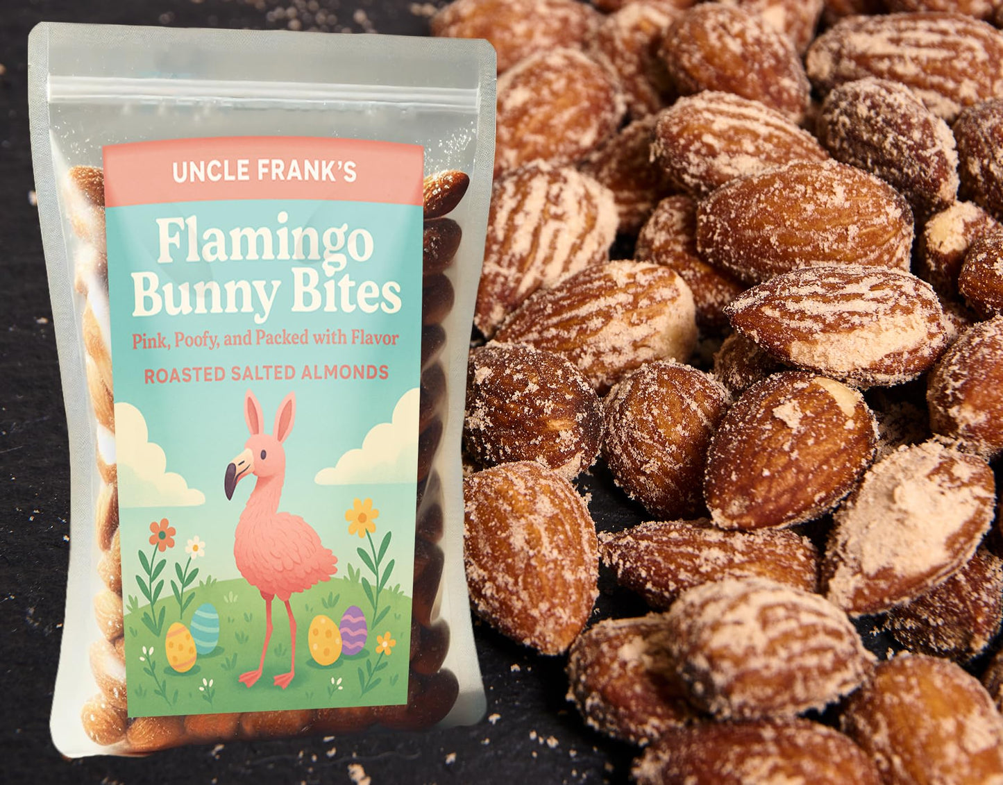 Gears Out Flamingo Bunny Bites – Roasted Salted Almonds – 8oz – Funny Easter Snack for mature-themeds & Teens – Made in USA