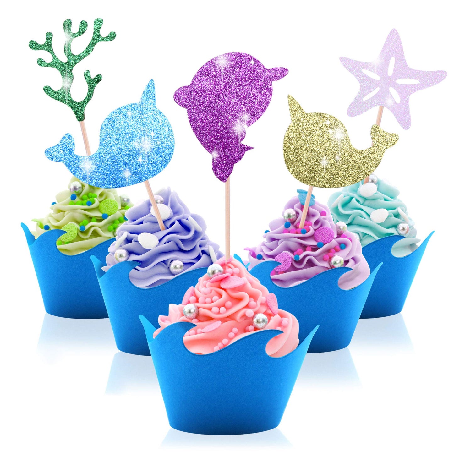 GET FRESH Narwhal Cupcake Toppers and Wrappers Set - 25 Piece Glittery Paper Birthday Party Supplies - Narwhal Color