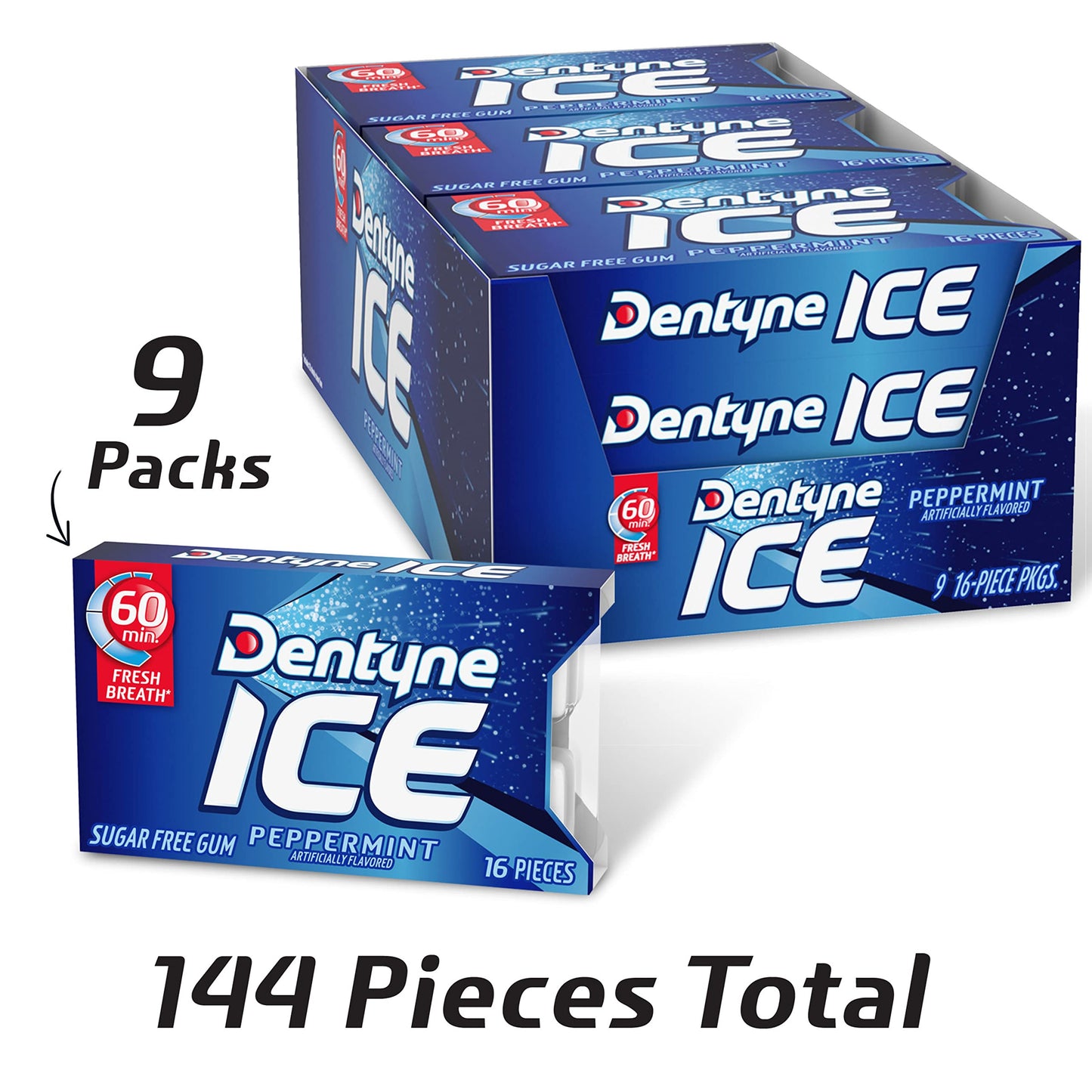 Dentyne Ice Peppermint Sugar Free Gum, 16 Count, Pack Of 9