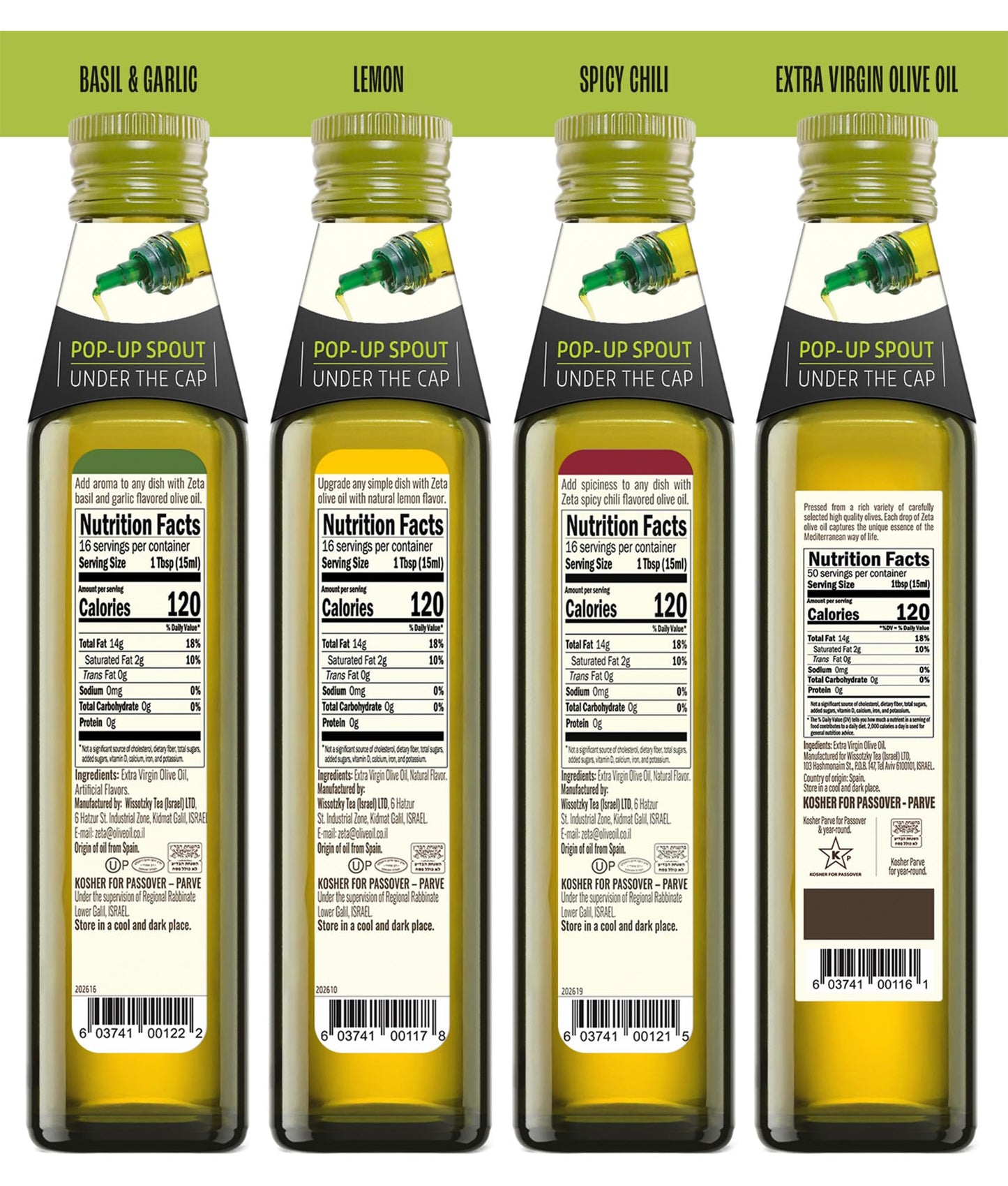 Zeta Extra Virgin Olive Oil Variety Pack, 8.5 Fl Oz (4 Pack) | Basil & Garlic, Lemon, Hot Pepper & Evoo | Premium Glass Bottle W