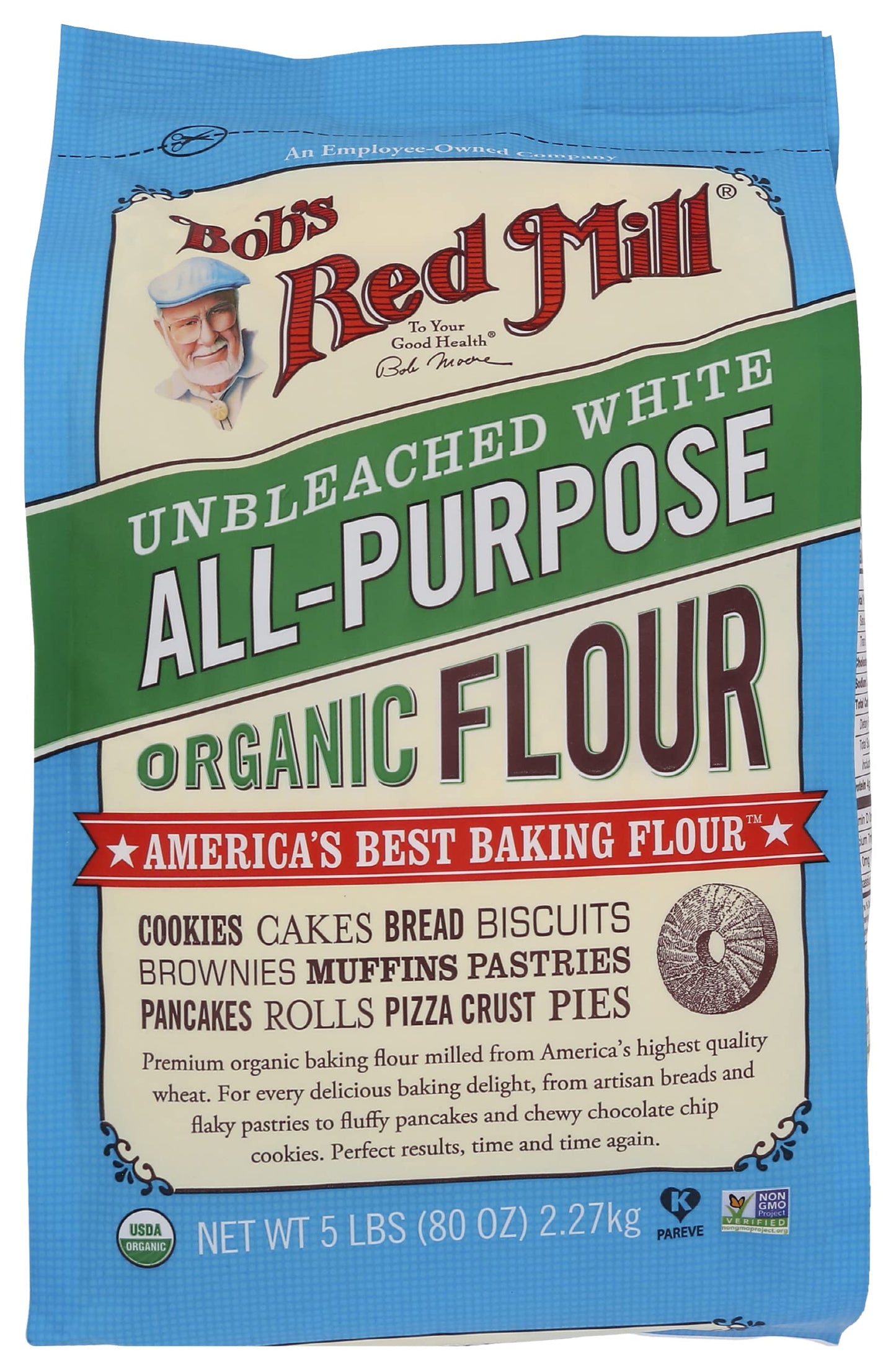 Bobs Red Mill Organic Unbleached All Purpose Flour, Vegan, Kosher, Unbromated, 5lb