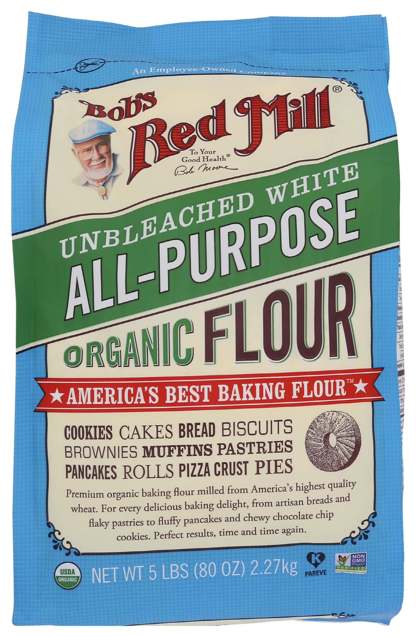 Bobs Red Mill Organic Unbleached All Purpose Flour, Vegan, Kosher, Unbromated, 5lb