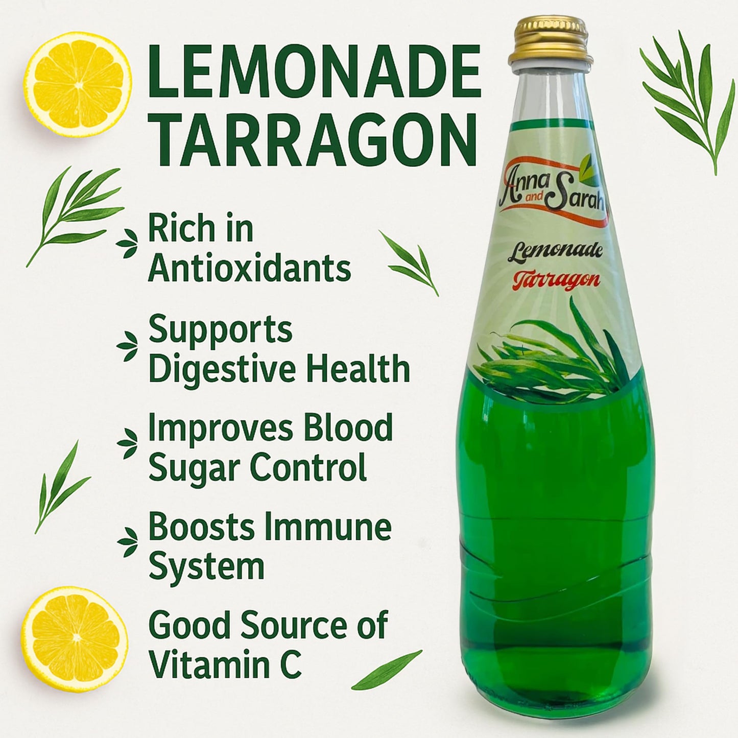 Anna and Sarah Natural Lemonade-Tarragon Juice, 25.4 Fl Oz (Pack of 3), Glass Bottle