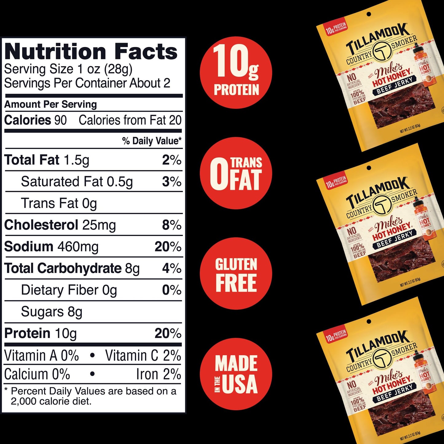 Tillamook Country Smoker Enhanced Beef Jerky, Mikes Hot Honey, 2.2 Ounce, Real Hardwood Smoked Beef, Low Carb, High Protein, Ready To Eat Sweet & Spicy Snack