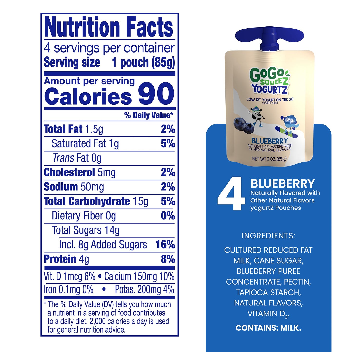 GoGo squeeZ YogurtZ Blueberry Kids Snacks, 3 oz (Pack of 4), Gluten Free, Nut Free, BPA Free