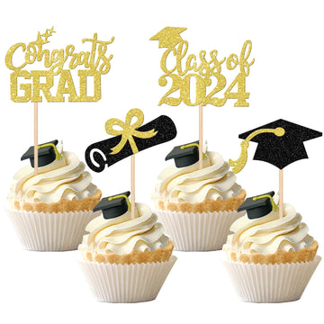 24 Pcs 2024 Graduation Cupcake Toppers Glitter Class Of 2024 Diploma Congrats Grad Cap Cupcake Picks 2024 Graduation Theme Party