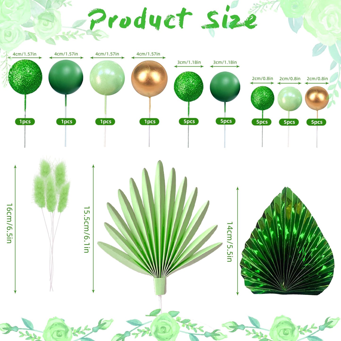 Balls Cake Toppers Palm Leaves Cake Decorations For Birthday Wedding Baby Shower Party Supplies (Green)