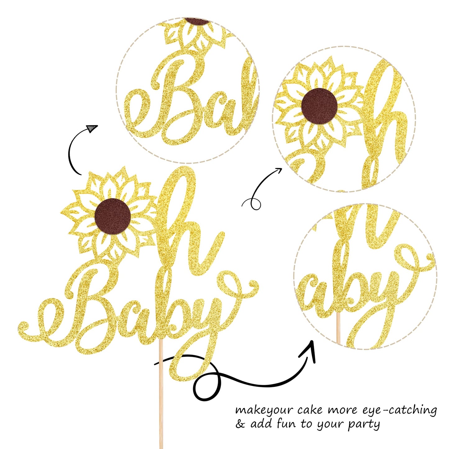 1 Pcs Sunflower Oh Baby Cake Topper Glitter Gender Reveal Oh Baby Sunflower Cake Pick For Baby Shower Kids Boys Girls Birthday P