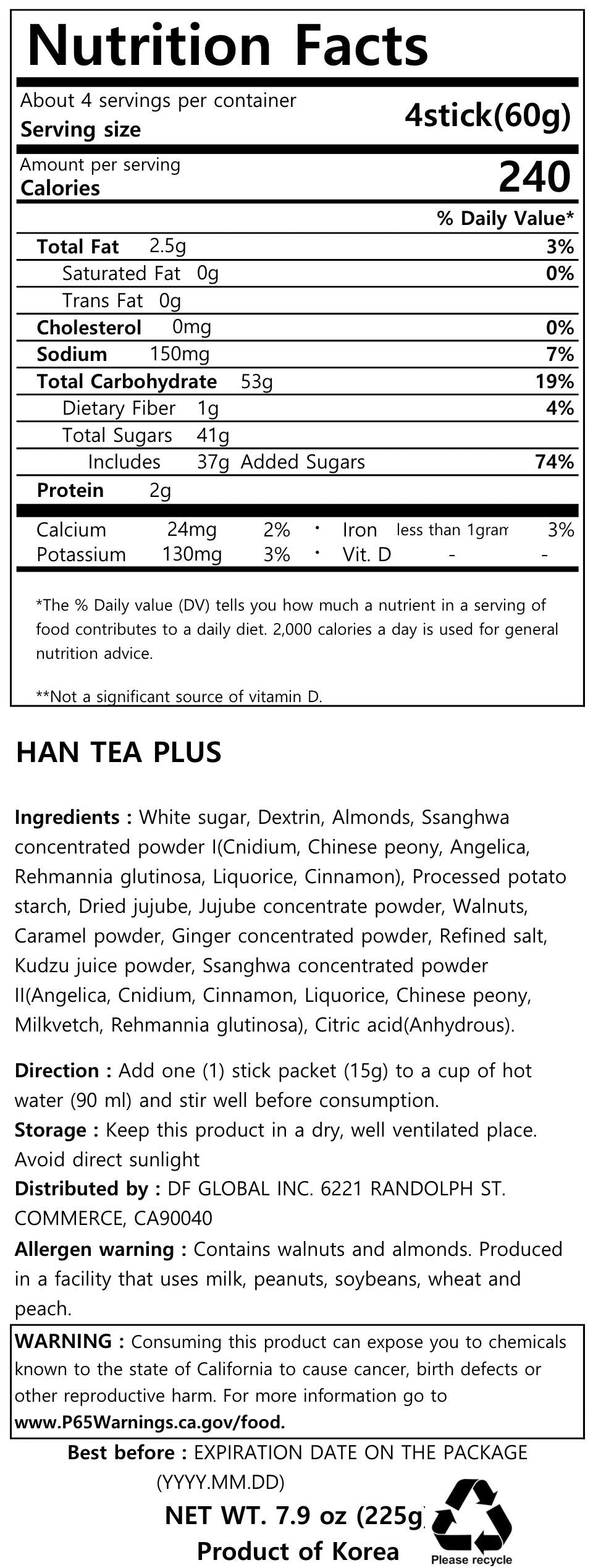 Damtuh Korea Traditional Han Tea Herbal Tea Single Serve 15G X 15 Sticks