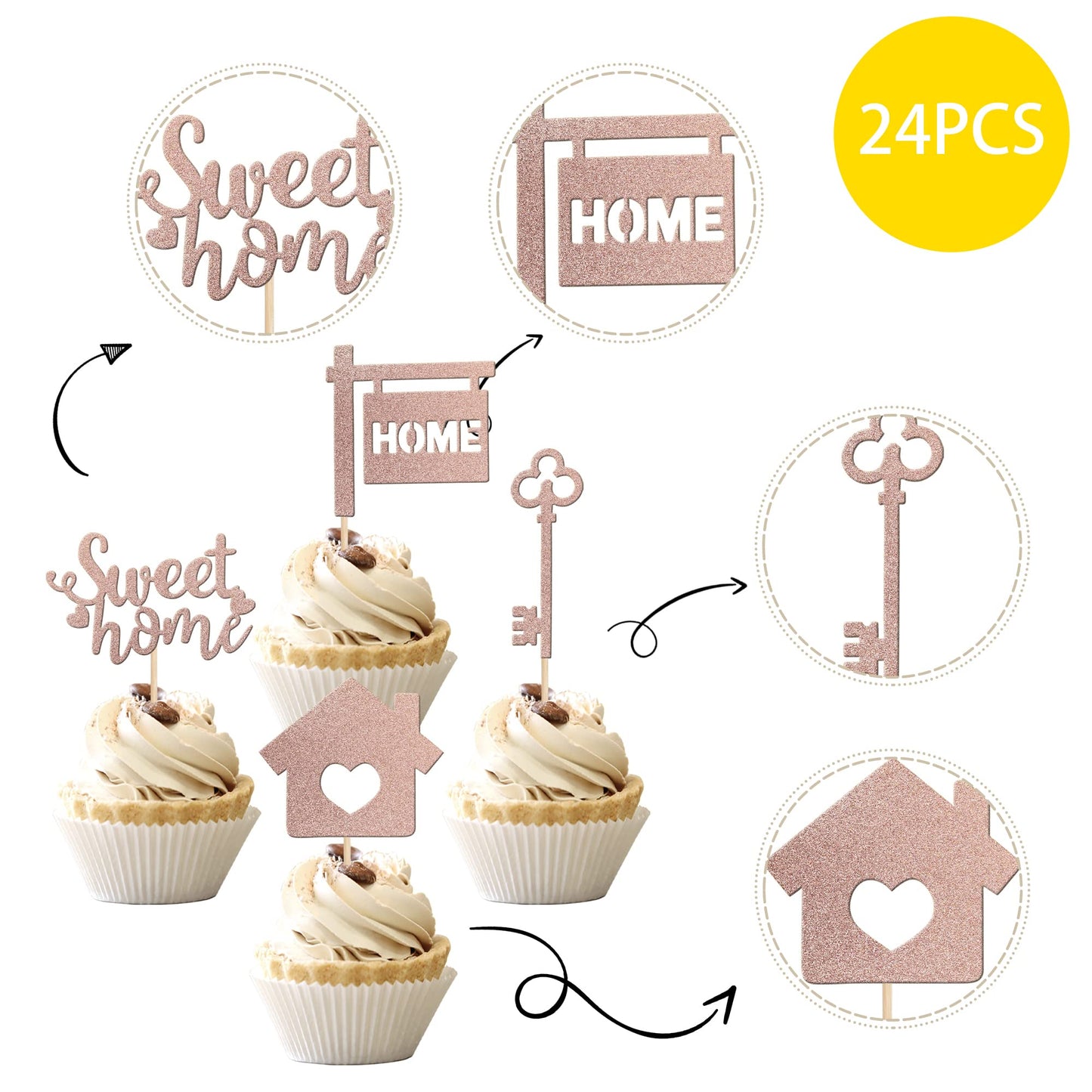 36 Pcs Sweet Home Cupcake Toppers Glitter Key Housewarming Cupcake Picks Decorations For New Home Theme Party Cake Decorations S