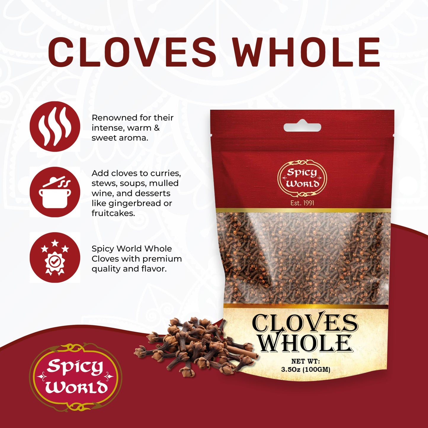 Whole Cloves 3.5 Oz Bag - Great For Foods, Tea, Pomander Balls, And Even Potpourri - By Spicy World