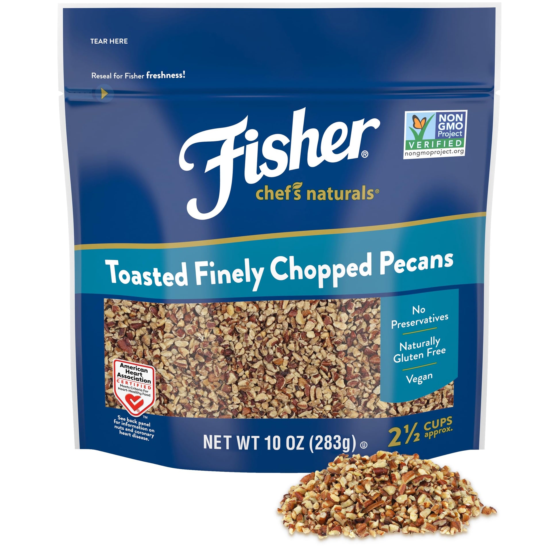 Fisher Unsalted Chopped Pecans, 10 oz Resealable Bag, Vegan Protein, Gluten Free, Brown