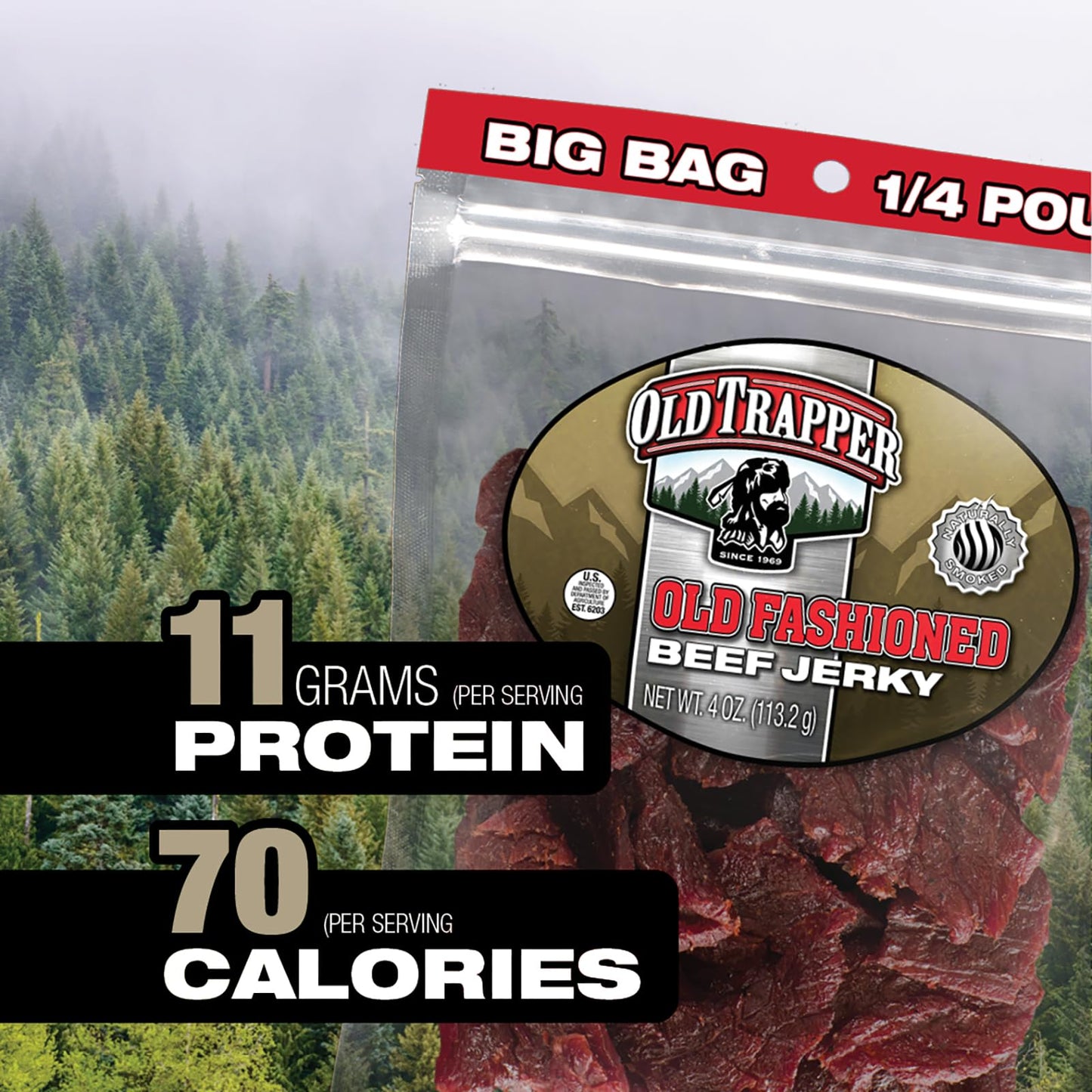 Old Trapper Beef Jerky, Old-Fashioned 1/4-Pound Individual Package, Tender Meat Snacks For Lunches Or Between Meals, 11 Grams Of