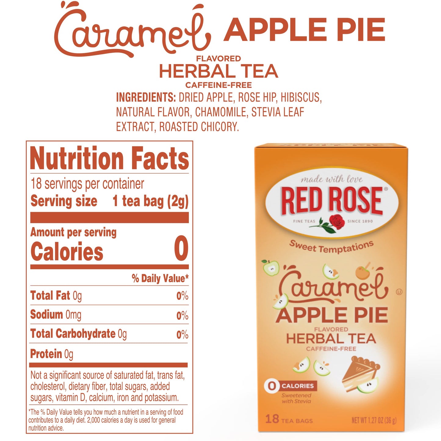 Red Rose Herbal Tea - Sweet Temptations Dessert Tea, Caffeine-Free, 18 Count, Naturally Flavored, Caramel Apple Pie, Zero Carbs, Zero Sugar