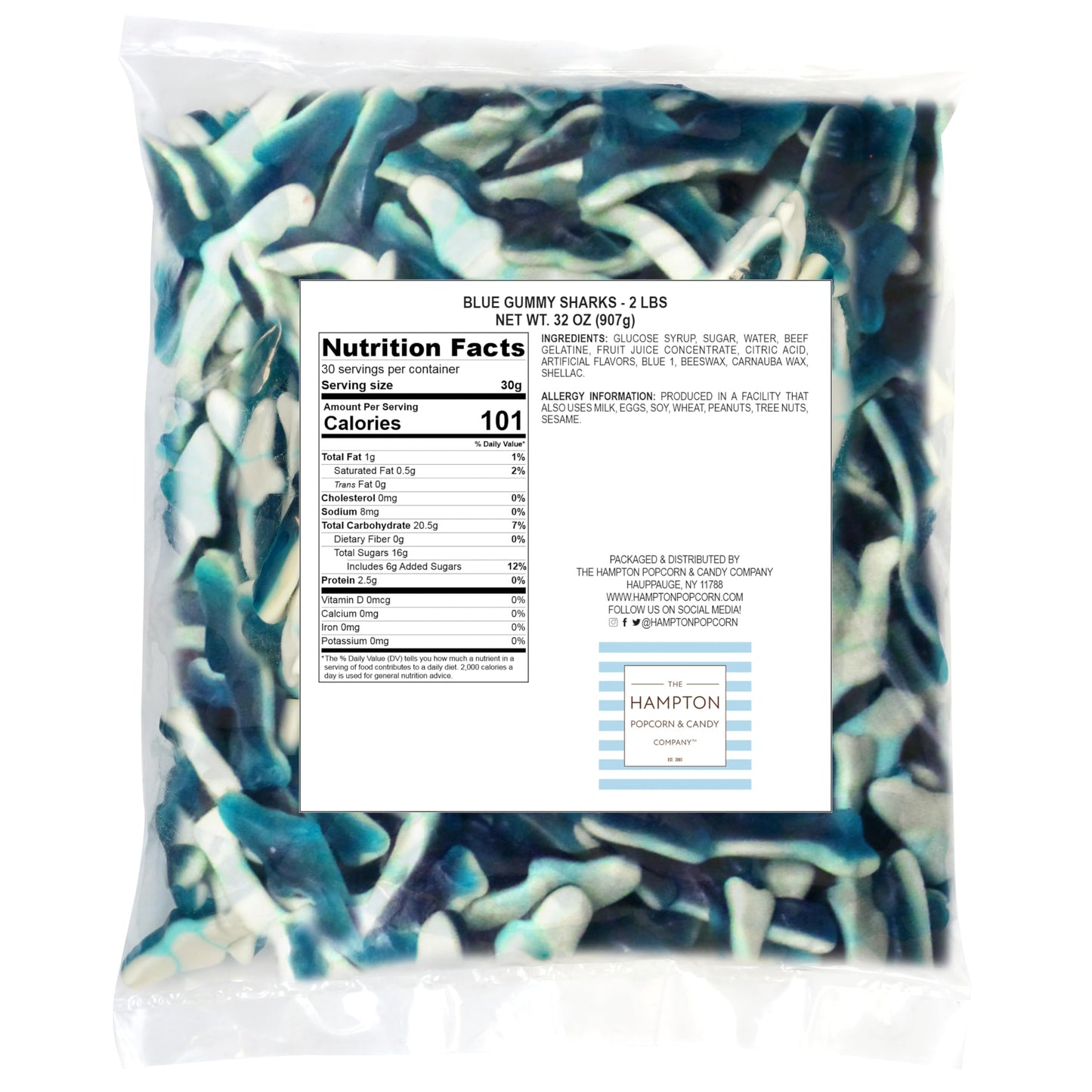 Blue Gummy Sharks Candy, 2 Pound Bulk Bag, The Hampton Popcorn & Candy Company