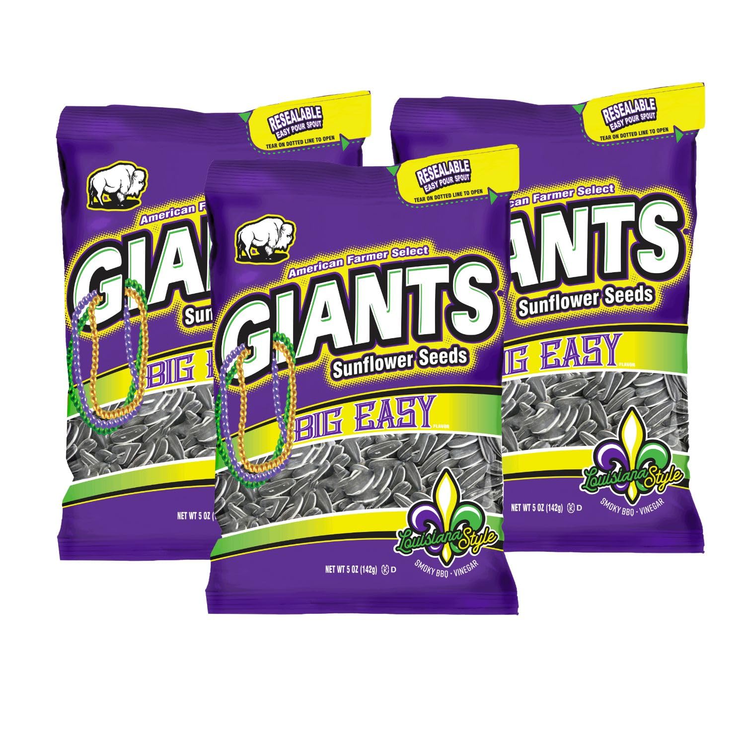 Giants Big Easy Sunflower Seeds - Sunflower Seeds To Eat  High Protein Snack  Smoky Bbq & Vinegar  Source Of Vitamin E & Fiber Content - 5 Oz Resealable Bags (Pack Of 3)