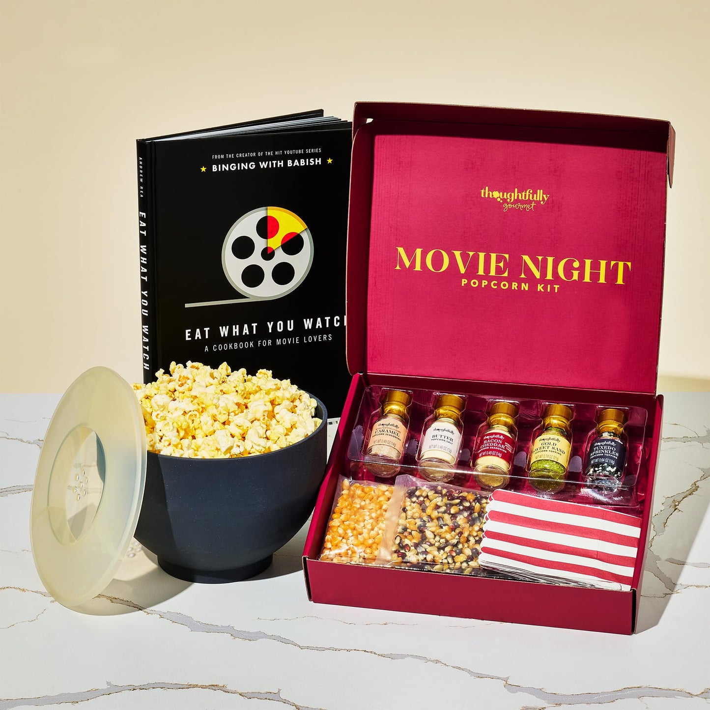 Thoughtfully, Movie Night Popcorn Gift Set with Seasonings, Toppings & Popper - Includes Eat What You Watch Cookbook, Popcorn Ke